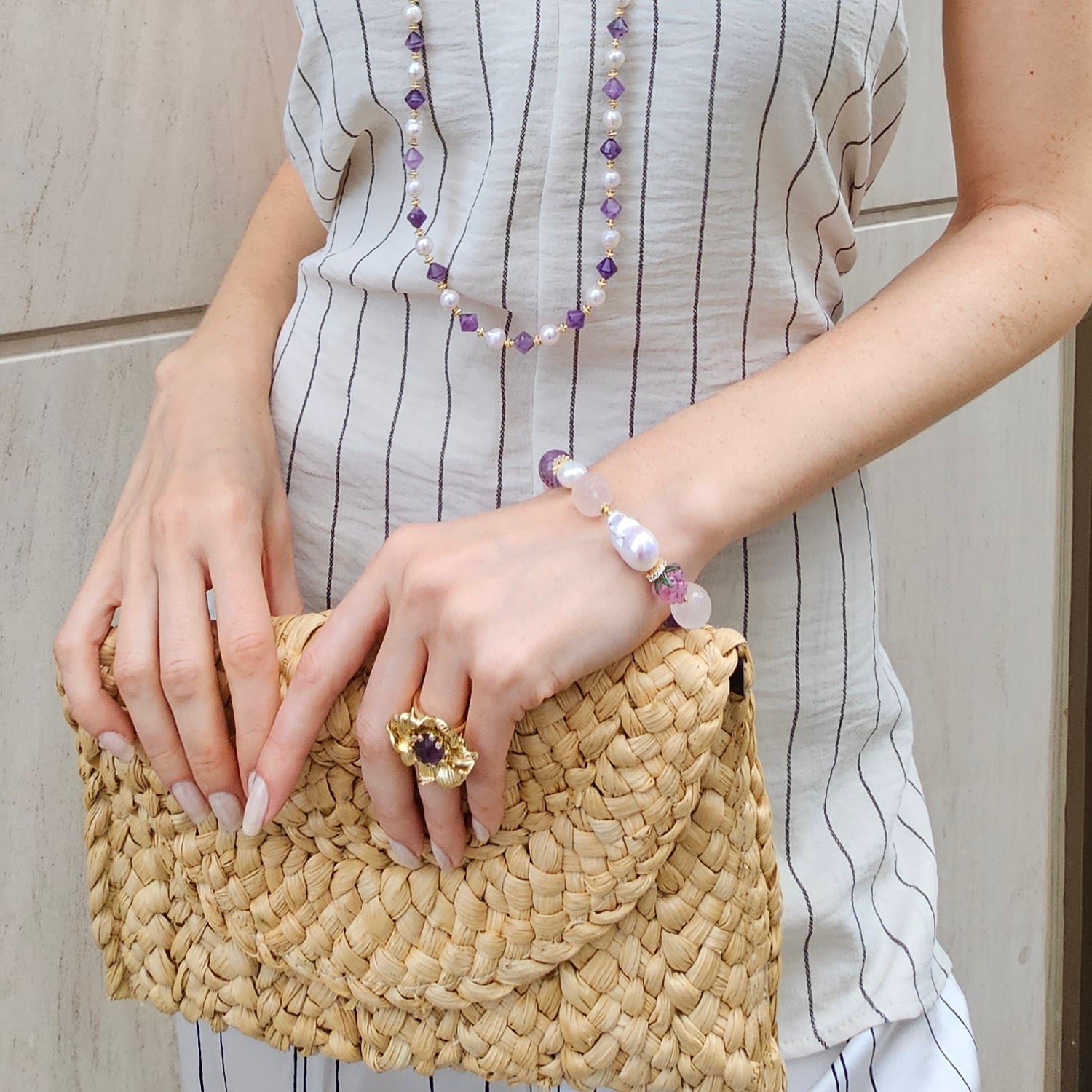 Baroque Pearls With Rose Quartz Amethyst And Raspberry Bracelet