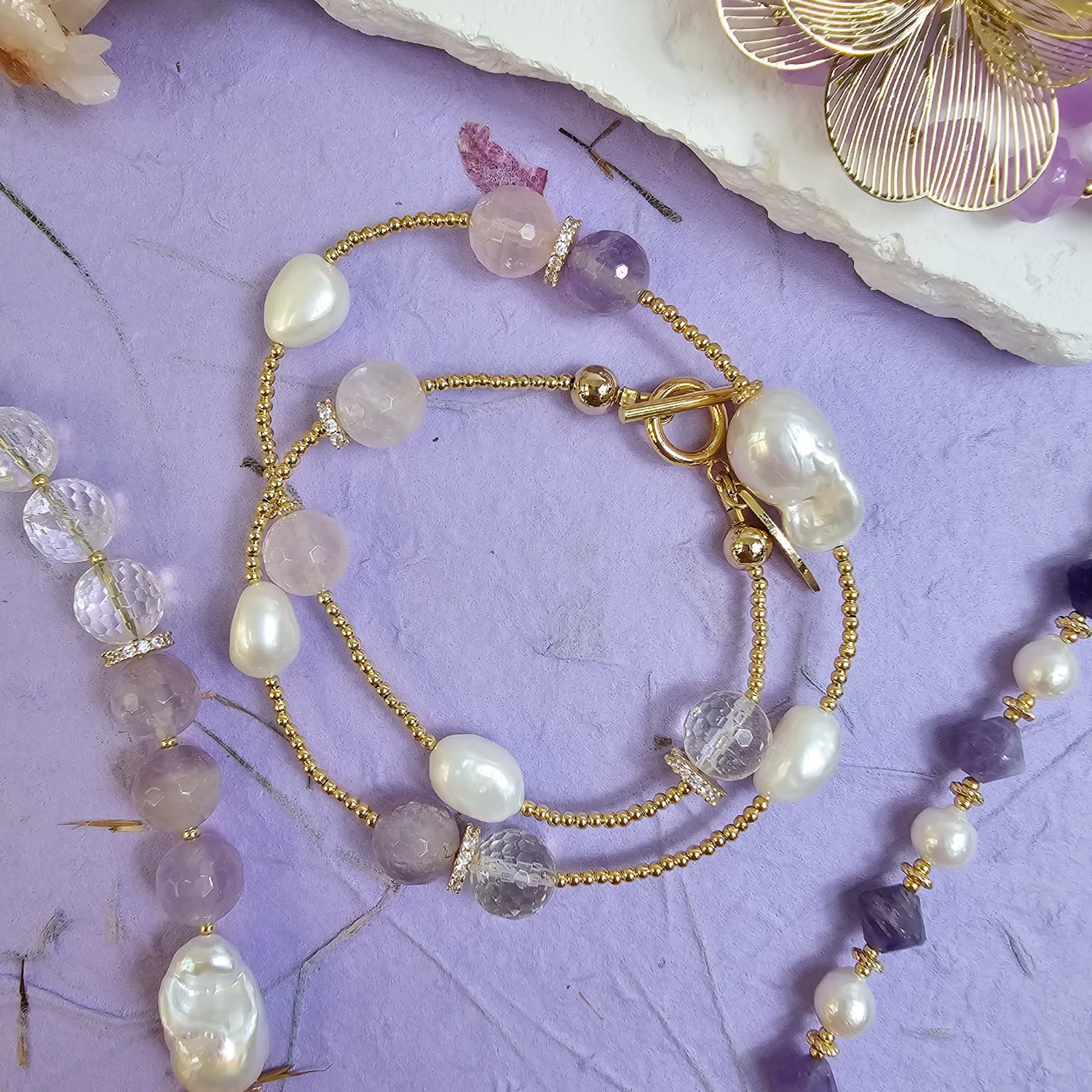 Baroque Pearls With Rose Quartz And Amethyst Double Layers Bracelet