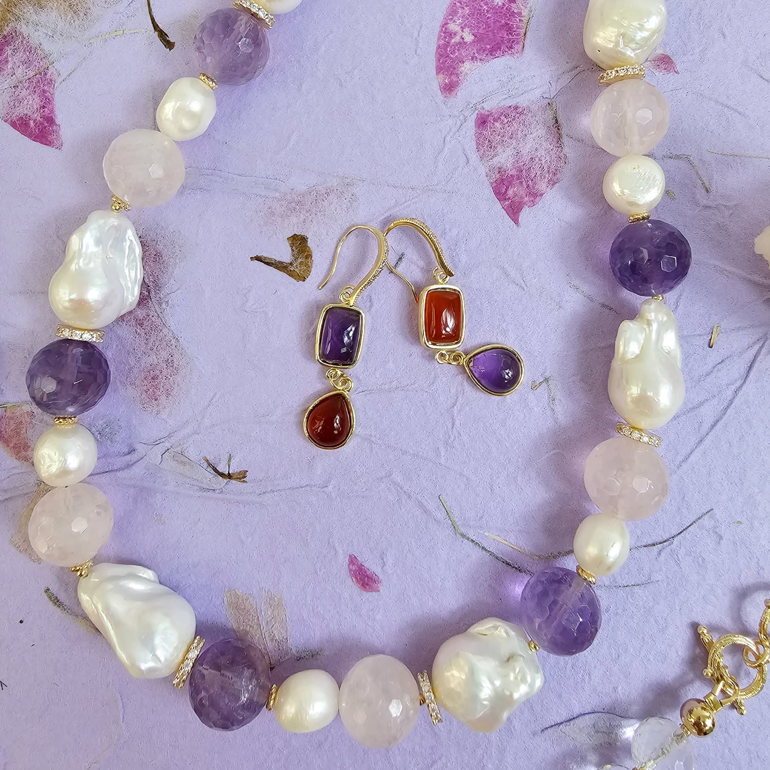 Baroque Pearls With Rose Quartz And Amethyst Necklace