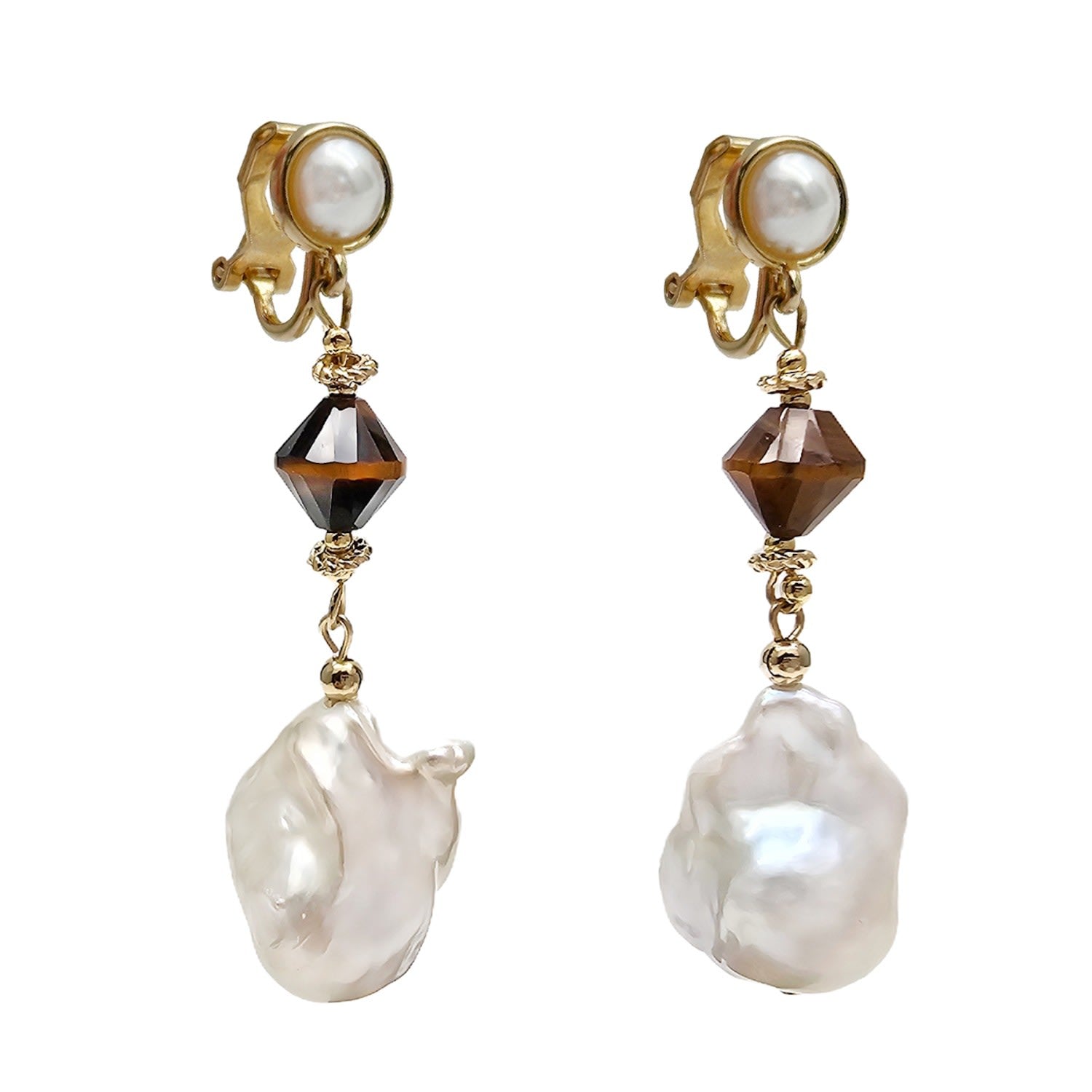 Baroque Pearls With Tiger Eye Dangle Clip-On Earrings