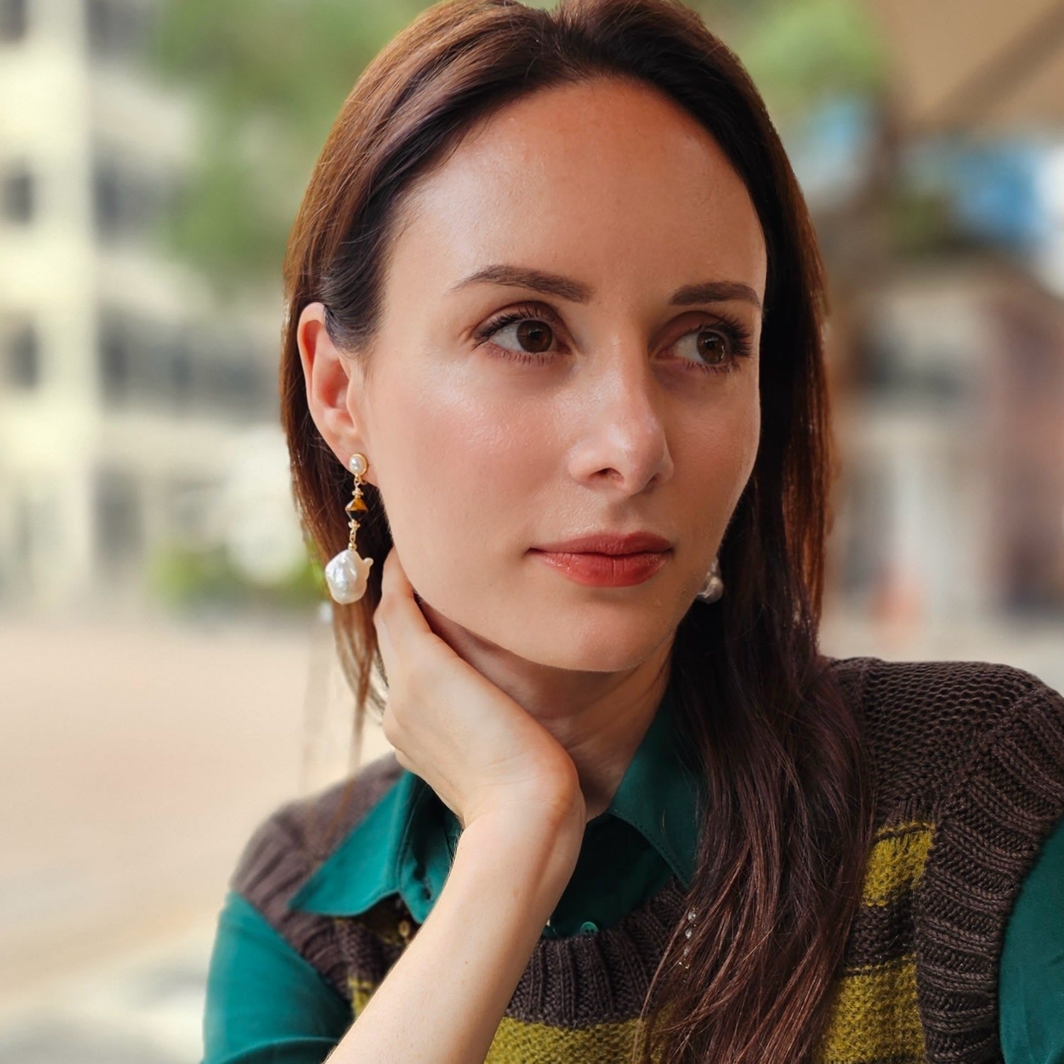 Baroque Pearls With Tiger Eye Dangle Clip-On Earrings