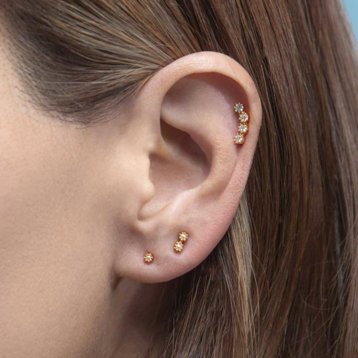 Three Flower Climber Gold Earring Stud Set Pearl Paves