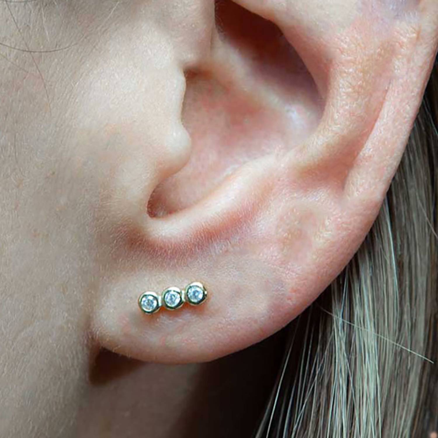 Triple Round Sterling Silver Flatback Pave Earrings Stud