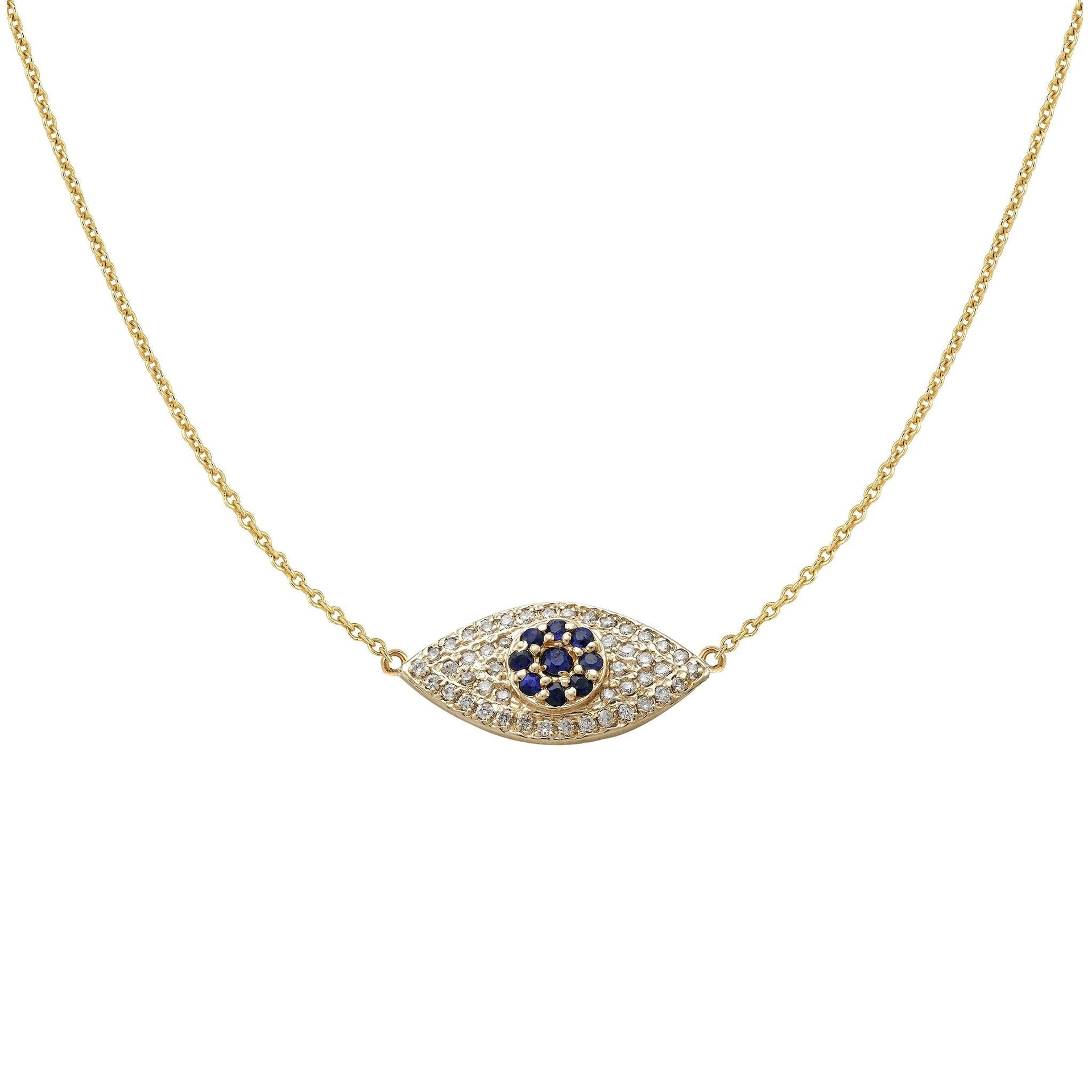 Diamond & Blue Sapphire Evil Eye Necklace Yellow Gold