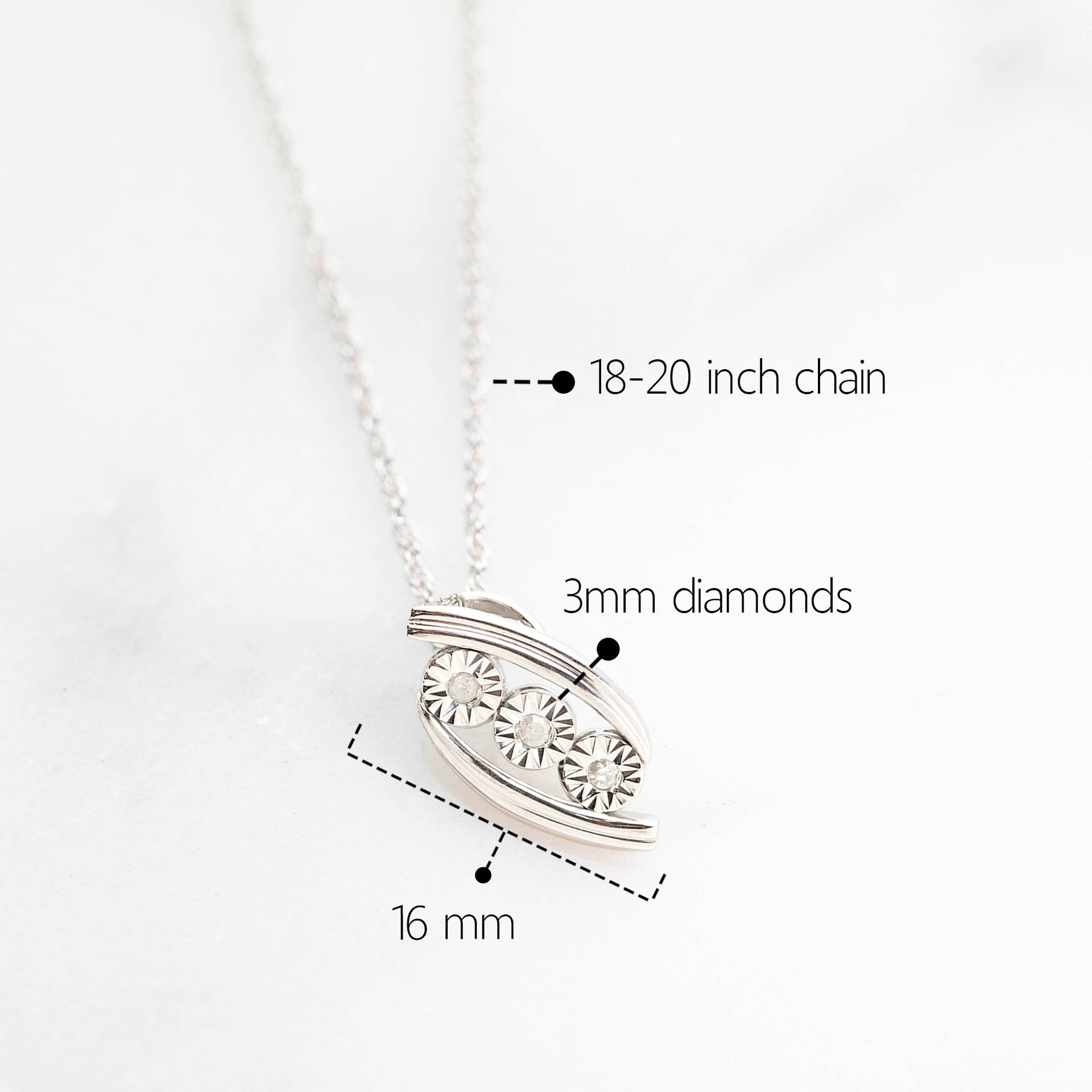 Sterling Silver Three Stone Natural Diamond Necklace with Adjustable 18â€-20â€ Rope Chain