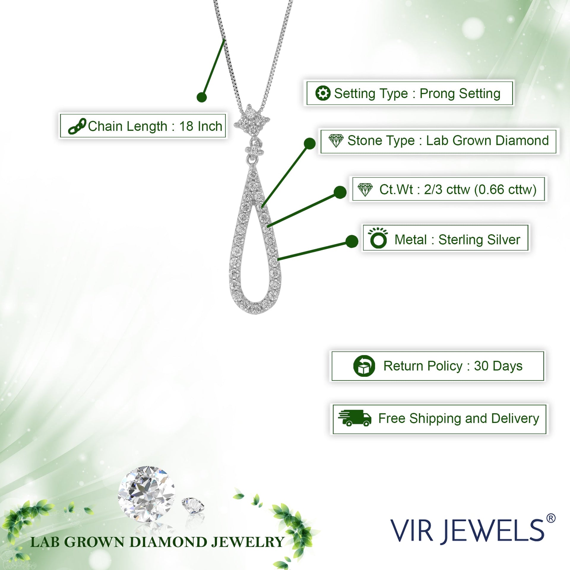 2/3 cttw Lab Grown Diamond Pendant Necklace .925 Sterling Silver 1/3 Inch With 18 Inch Chain