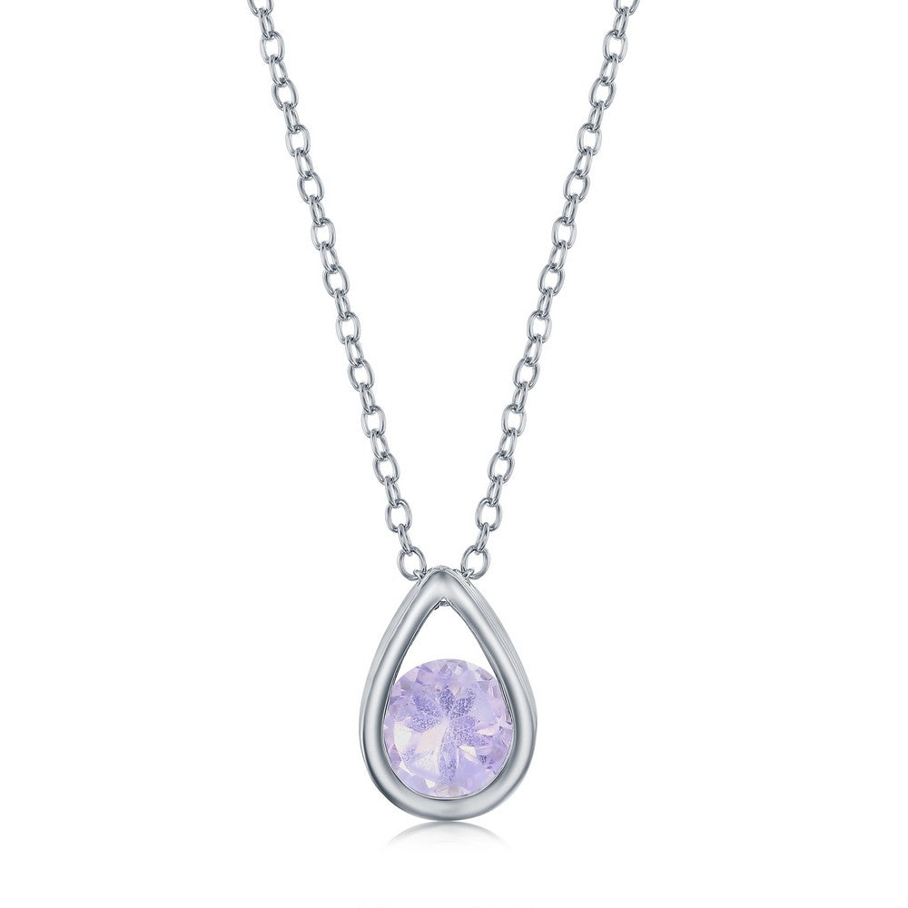 Sterling Silver Pearshaped Necklace w/Round 'October Birthstone' Gem - Pink Amethyst