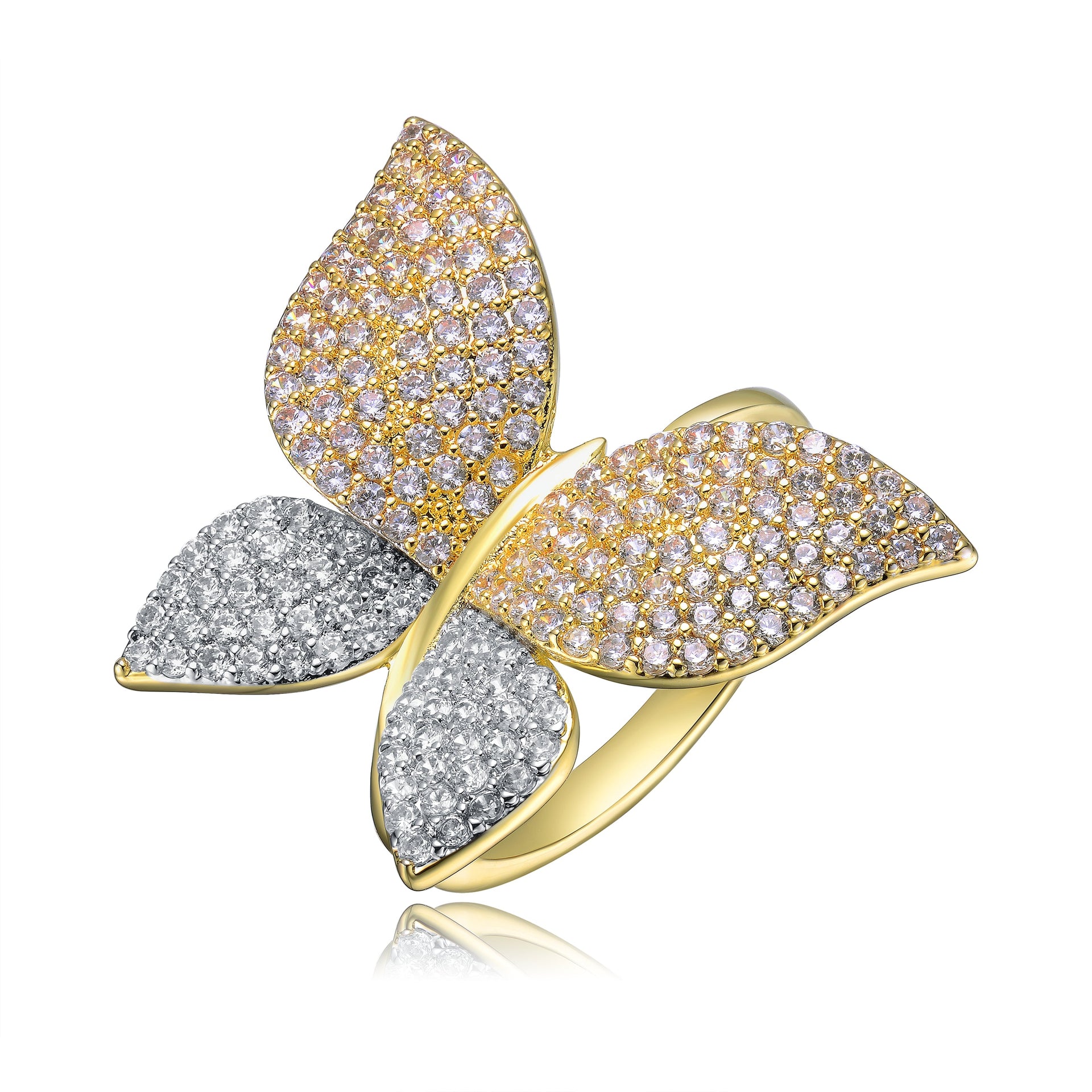 Sterling Silver 14k Gold Plated with Diamond Cubic ZIrconia Large Garden Butterfly Ring