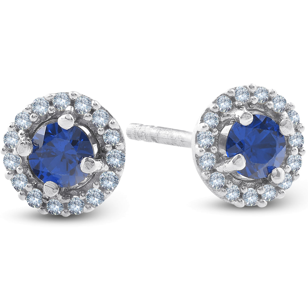1/4 Ct Halo Diamond & Blue Sapphire Studs 10K White Gold