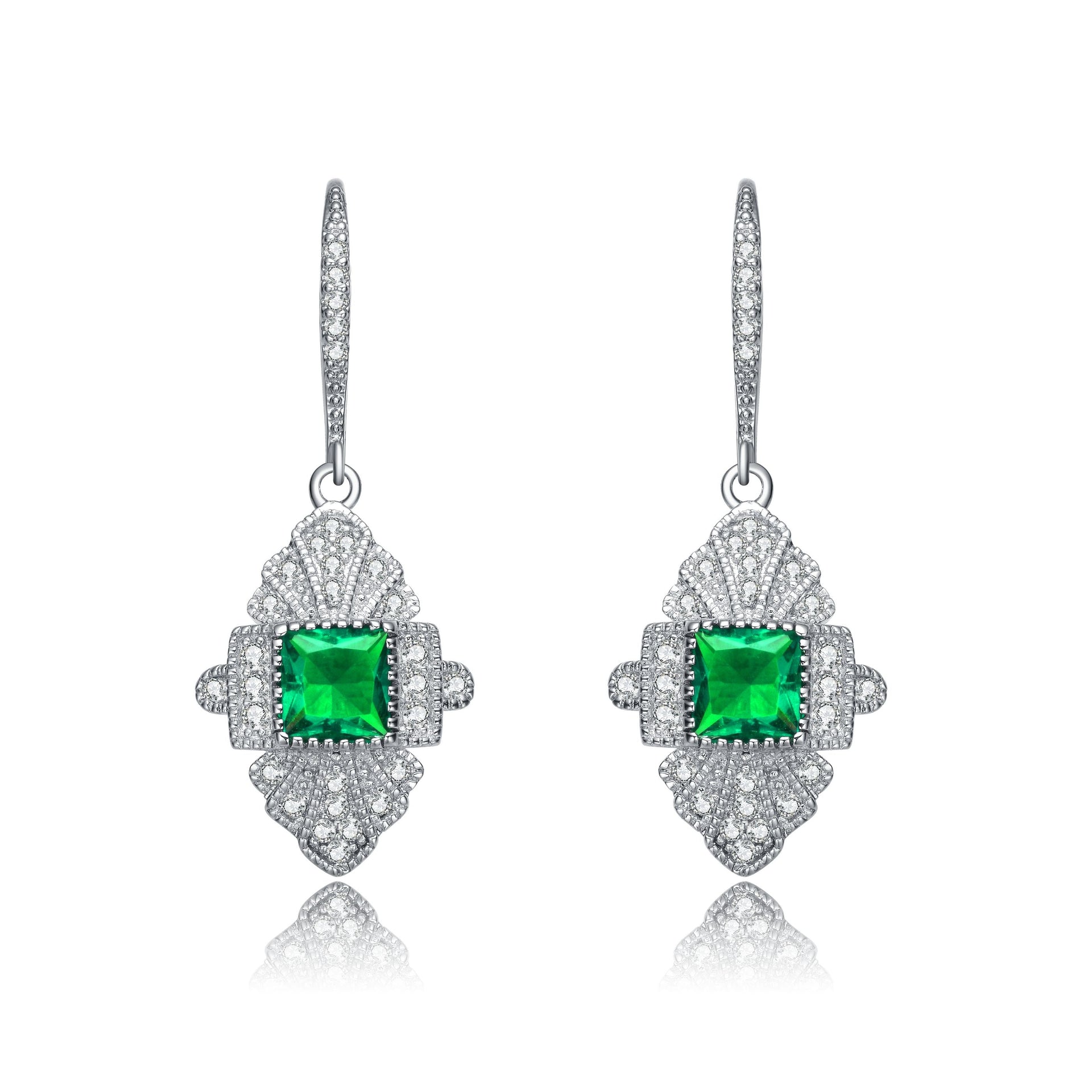 Sterling Silver Emerald Cubic Zirconia Pave Drop Earrings