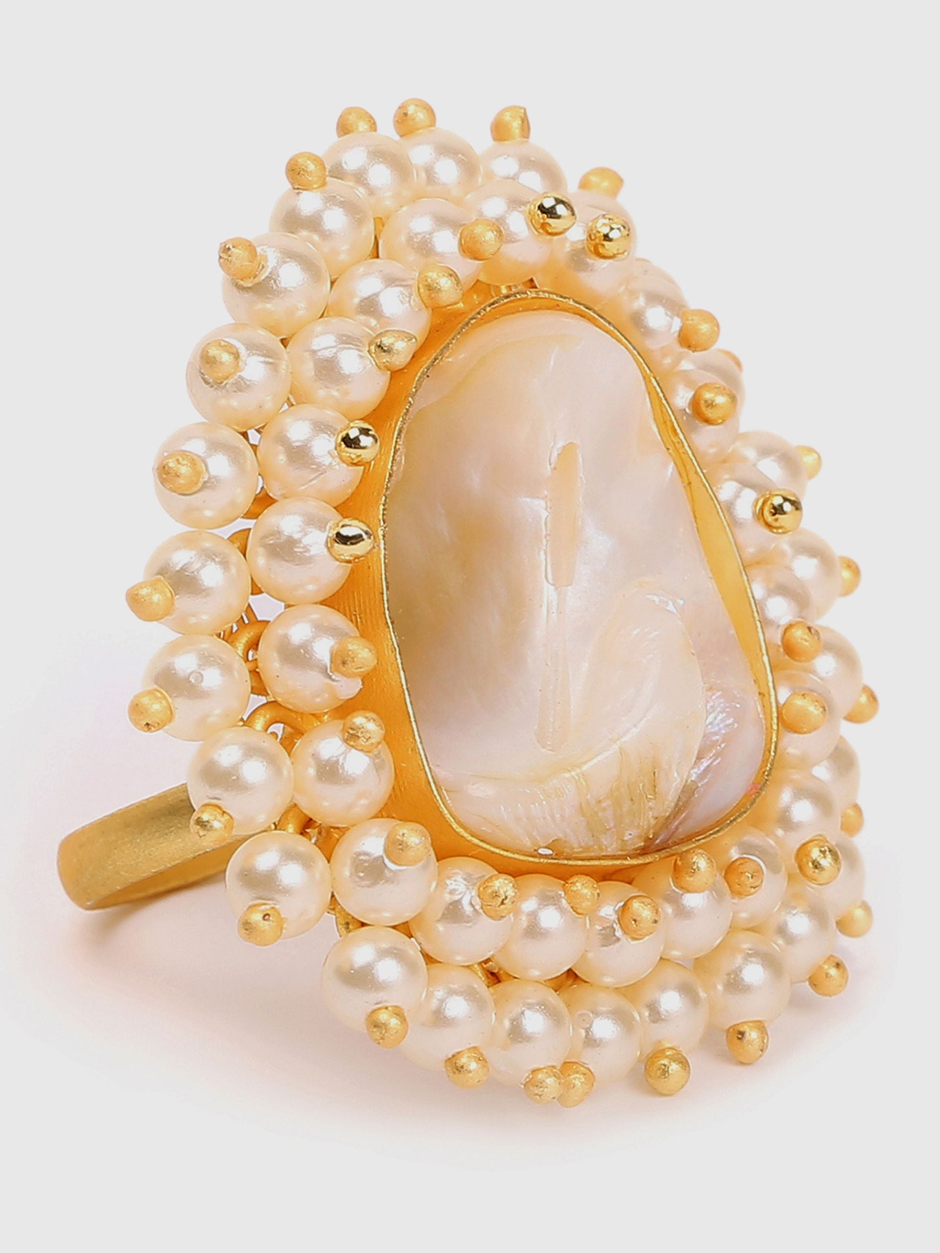 Gold-toned White Pearl Beaded Jadau Finger Ring