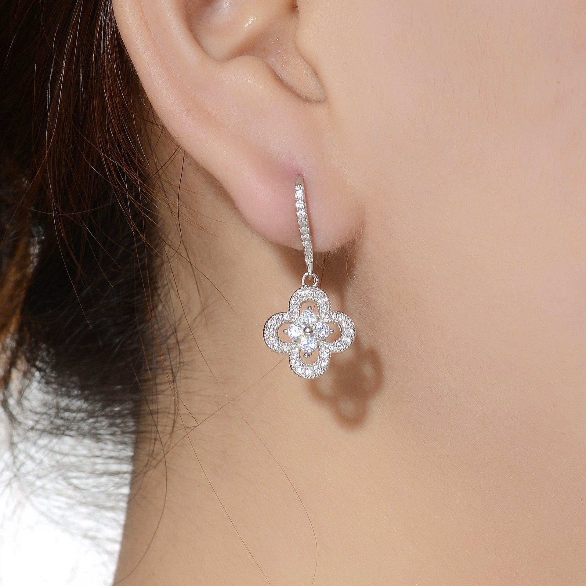 Sterling Silver with Emerald & Diamond Cubic Zirconia Double Halo Cluster Dangle Earrings