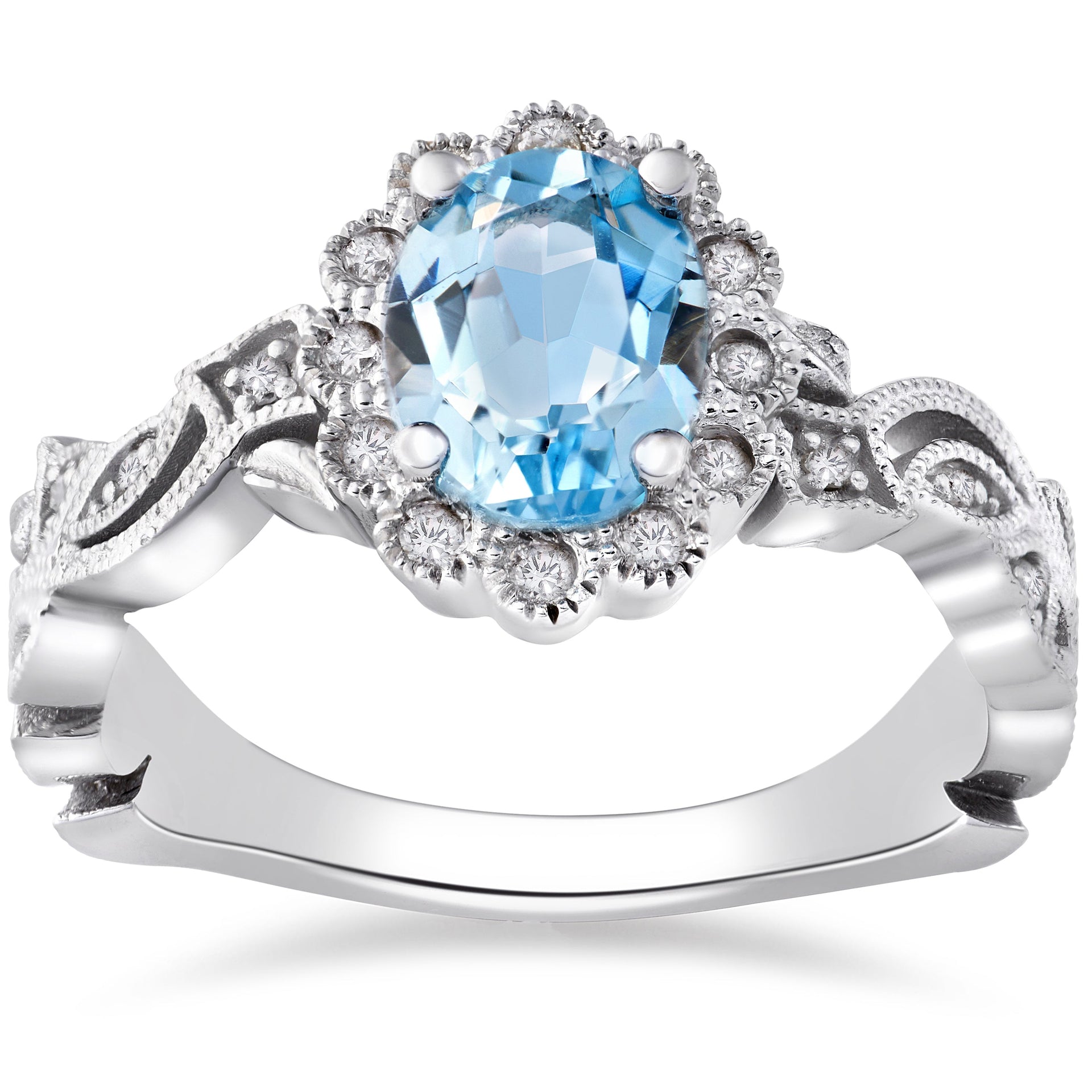 1 ct Oval Blue Topaz & Diamond Vintage Halo Vine Petal Ring 14k White Gold