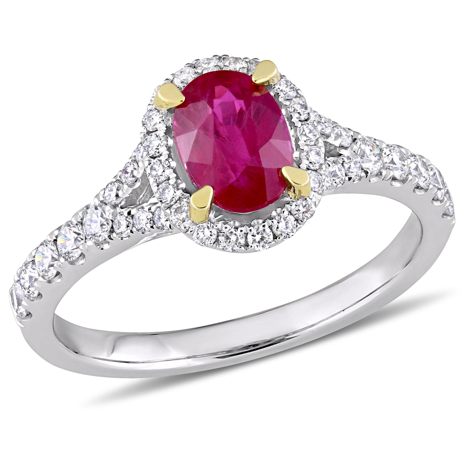 Mimi & Max 7/8ct TGW Ruby 1/2ct TW Diamond Halo Ring 14k White And Yellow Gold