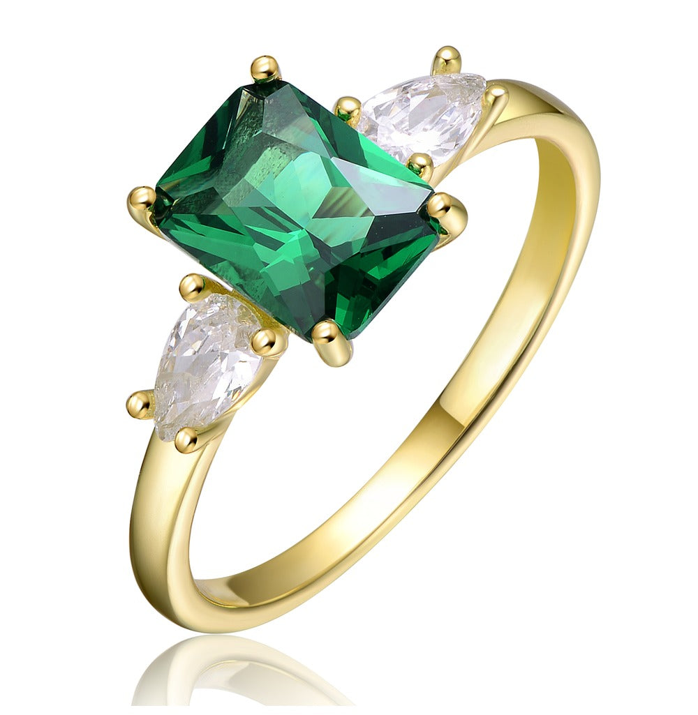 GV Sterling Silver 14k Yellow Gold Plated with Emerald & Cubic Zirconia 3-Stone Engagement Anniversary Ring