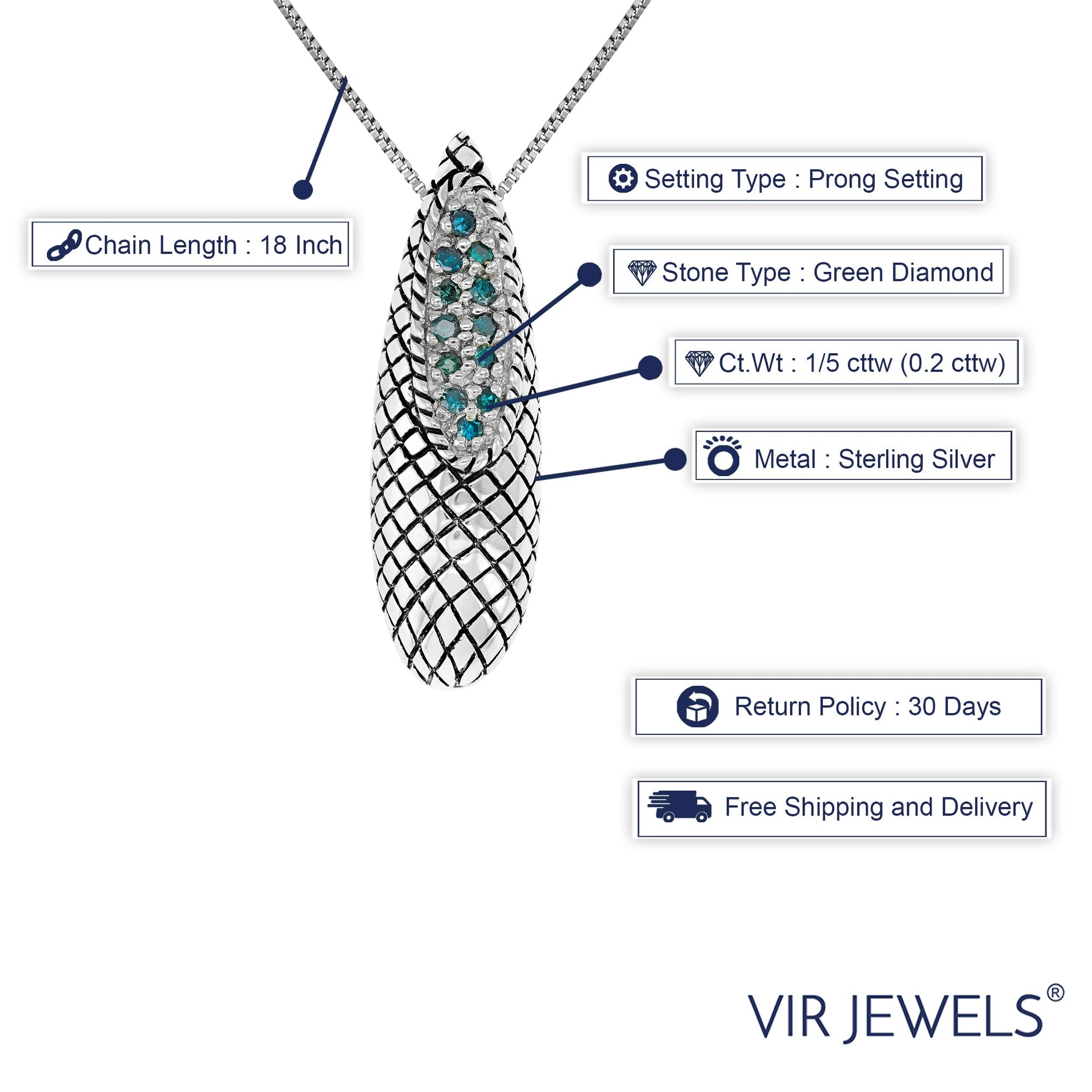 1/5 cttw Green Diamond Pendant Necklace .925 Sterling Silver with 18 Inch Chain