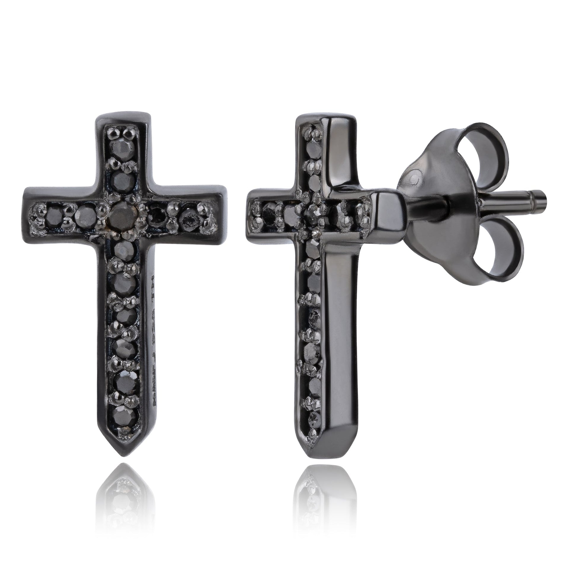 Real Black Diamond Cross Stud Earrings in Sterling Silver