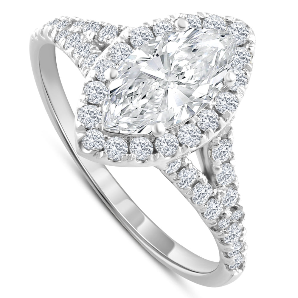 1 3/4 ct Marquise Halo Diamond Split Band Engagement Ring 14k White Gold