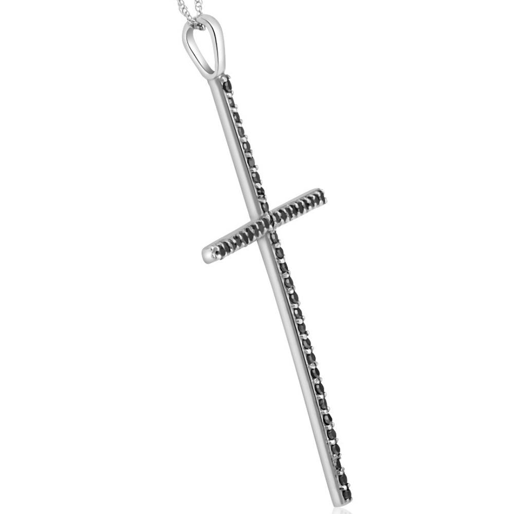 White Gold 1/2 CT Black Diamond Cross Pendant Necklace