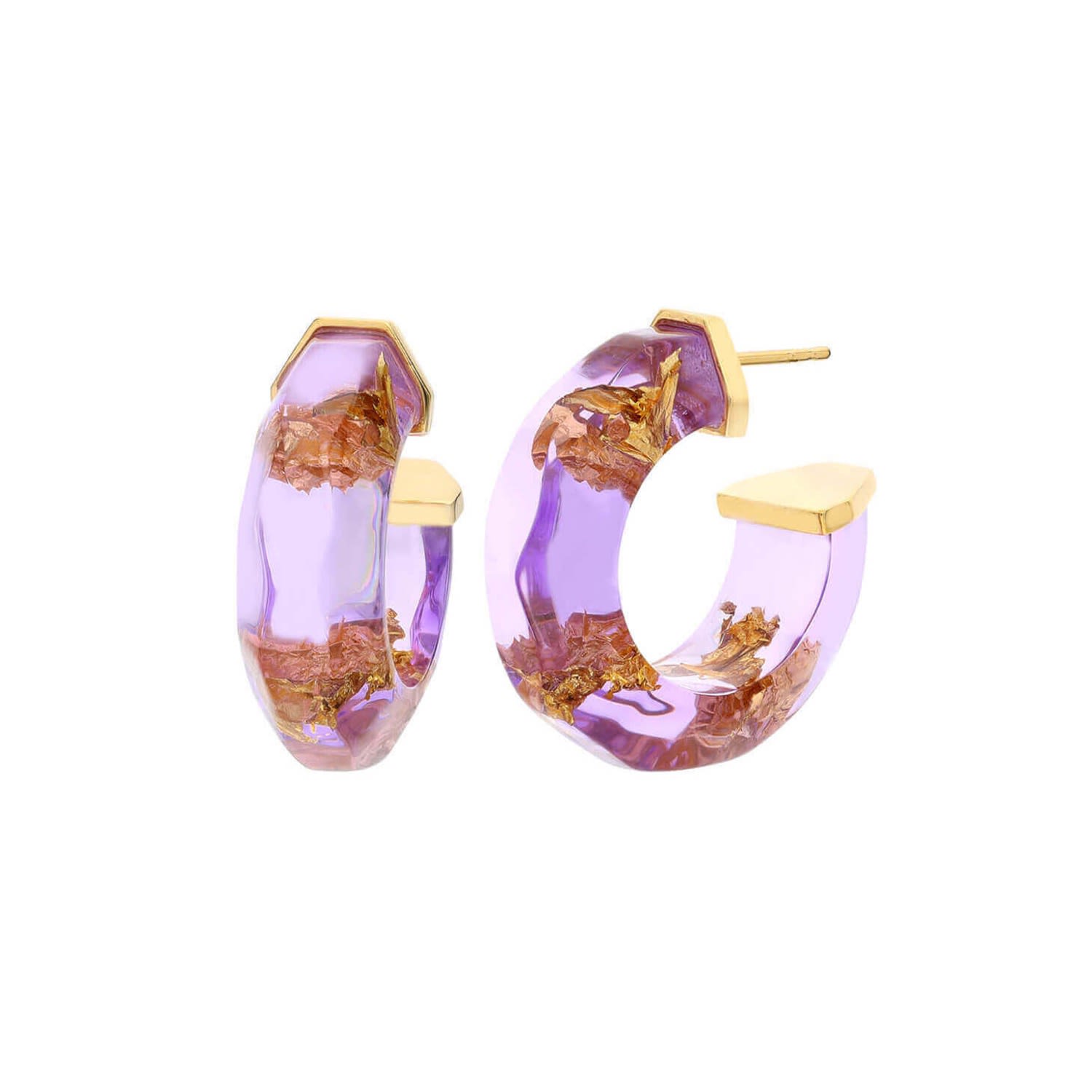24K Gold Leaf Faceted Huggies In Purple
