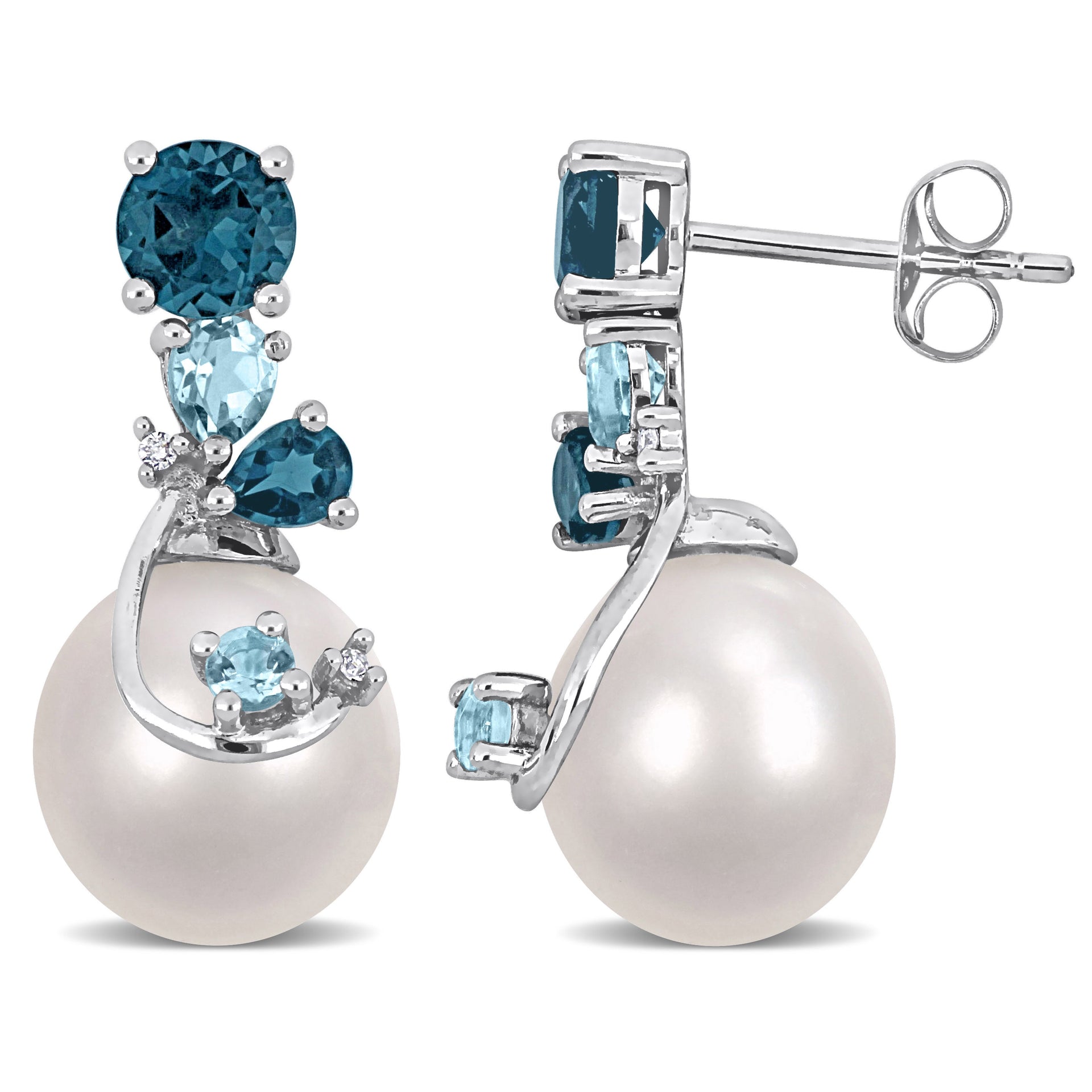 9-10mm Cultured Freshwater Pearl 2 ct TW London & Sky Blue Topaz and Diamond Accent Pearl Earrings in Sterling Silver