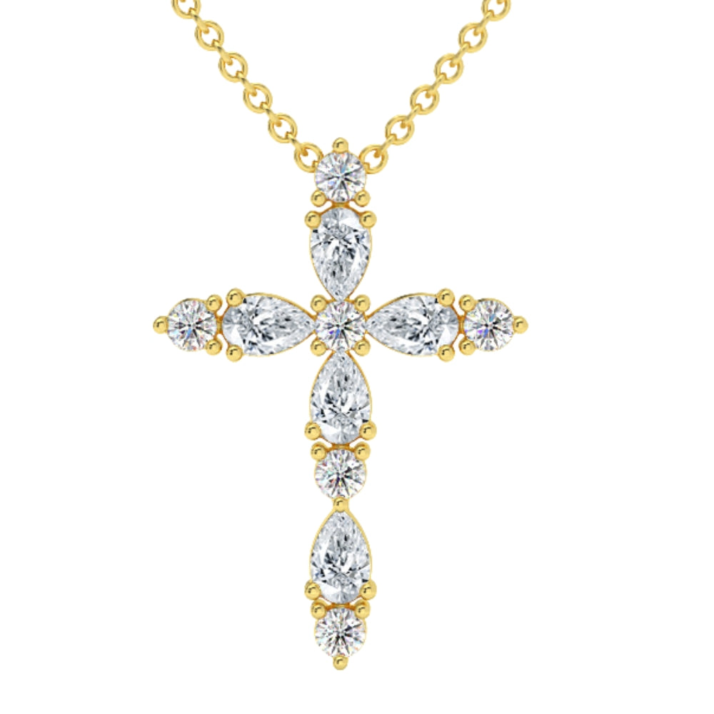 3/4 ct Diamond Cross Round & Pear Shape 14k Gold Necklace Lab Grown 1' Tall