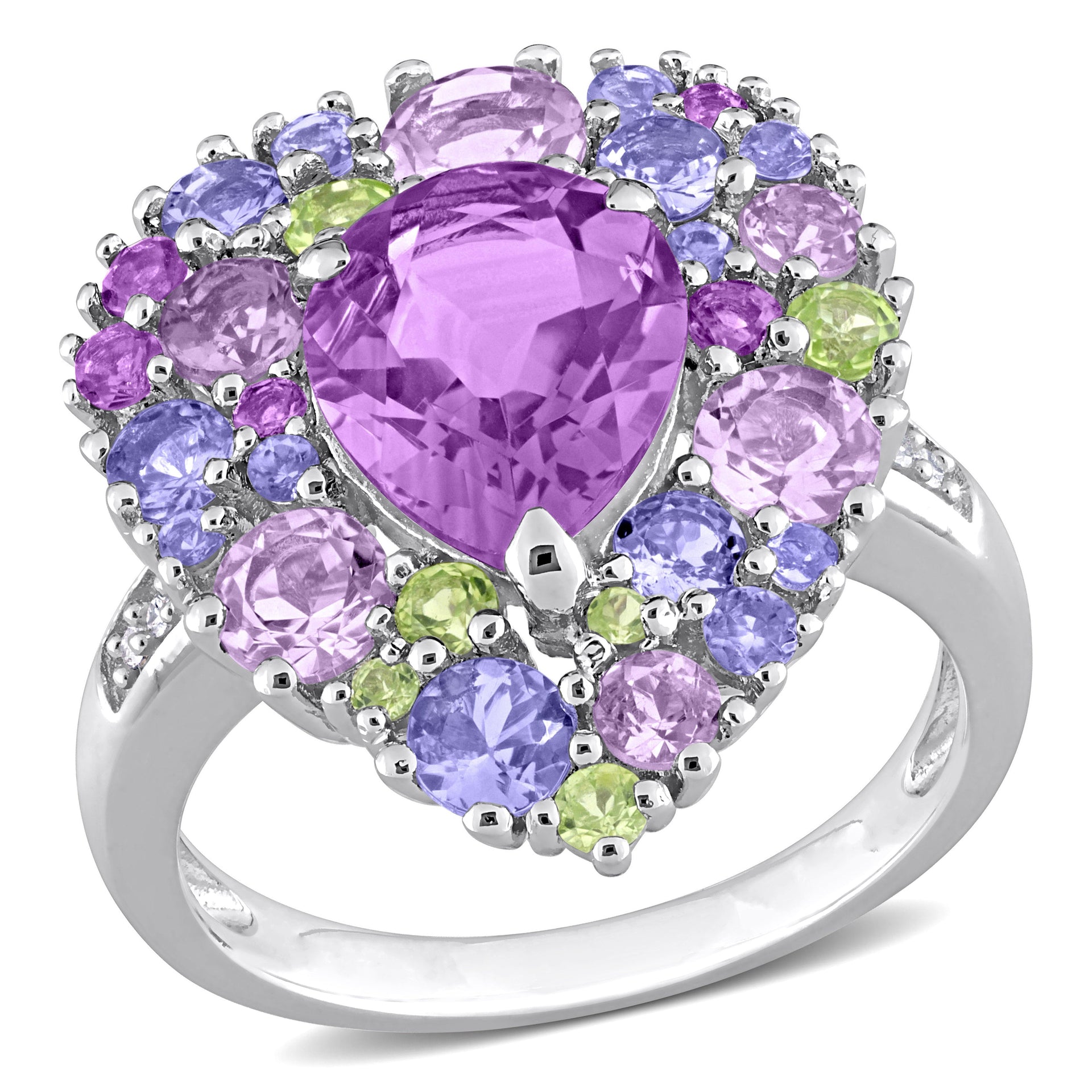 4 1/3ct TW Amethyst Tanzanite Rose de France Peridot and Diamond Accent Ring in Sterling Silver