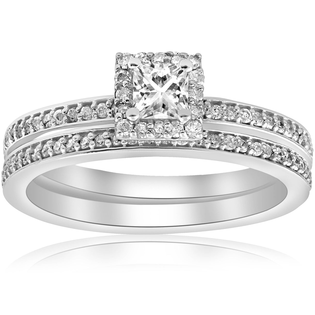 5/8 ct Princess Cut Diamond Engagement Matching Wedding Halo Ring Set White Gold
