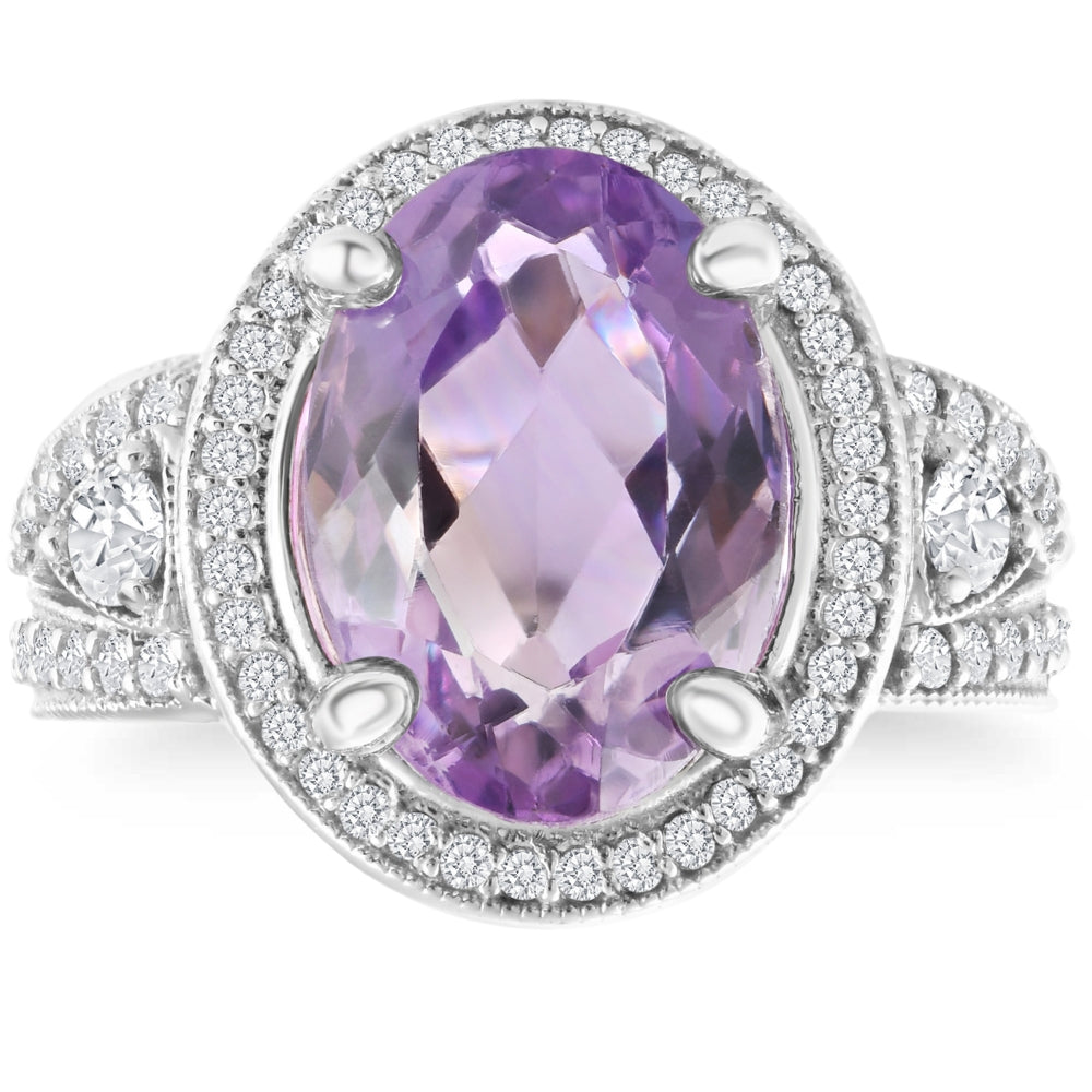 9 1/2 ct Oval Amethyst Vintage Halo Diamond Ring 14k White Gold