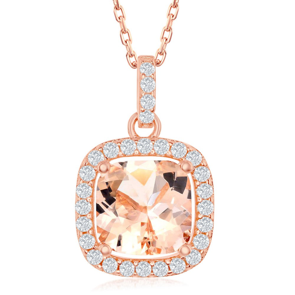 Sterling Silver Square Morganite CZ with White CZ Border Pendant - Rose Gold Plated