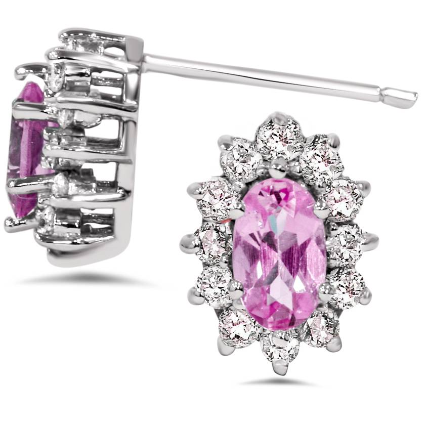 3/4ct Halo Diamond Pink Topaz Studs 14K White Gold