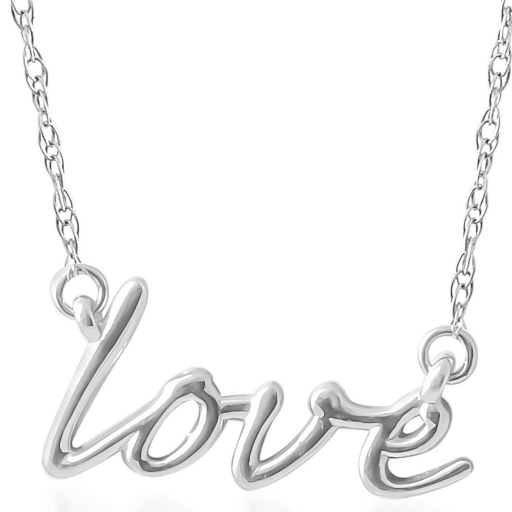 14K White Gold Love Script Pendant Necklace With 18' 14K White Gold Chain