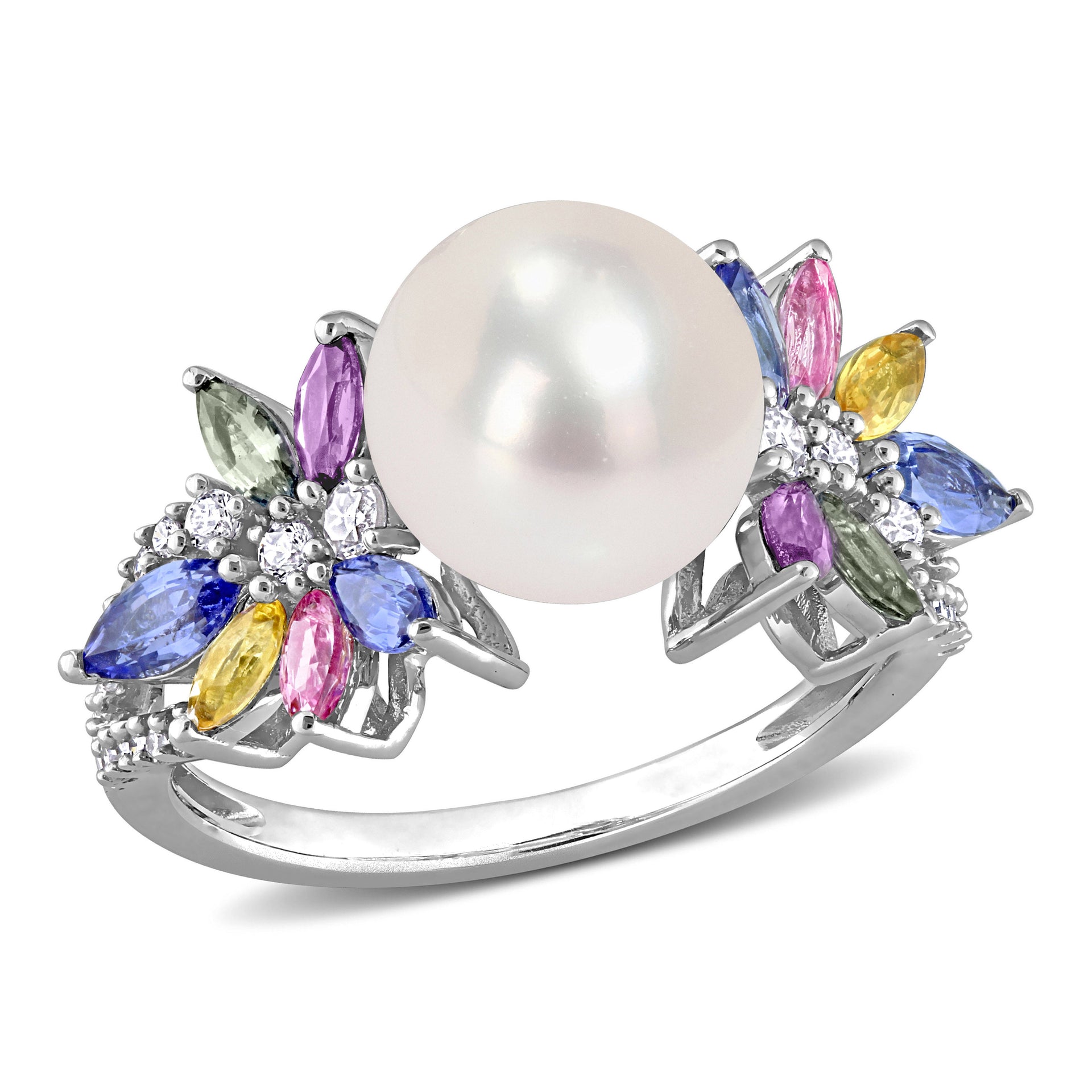 9-9.5 MM Cultured Freshwater Pearl and 1 3/4 CT TGW Multi Sapphire (Light Blue, White, Yellow, Pink, Purple & Green) and 1/8 CT TW Diamond Flower Ring in 14k White Gold