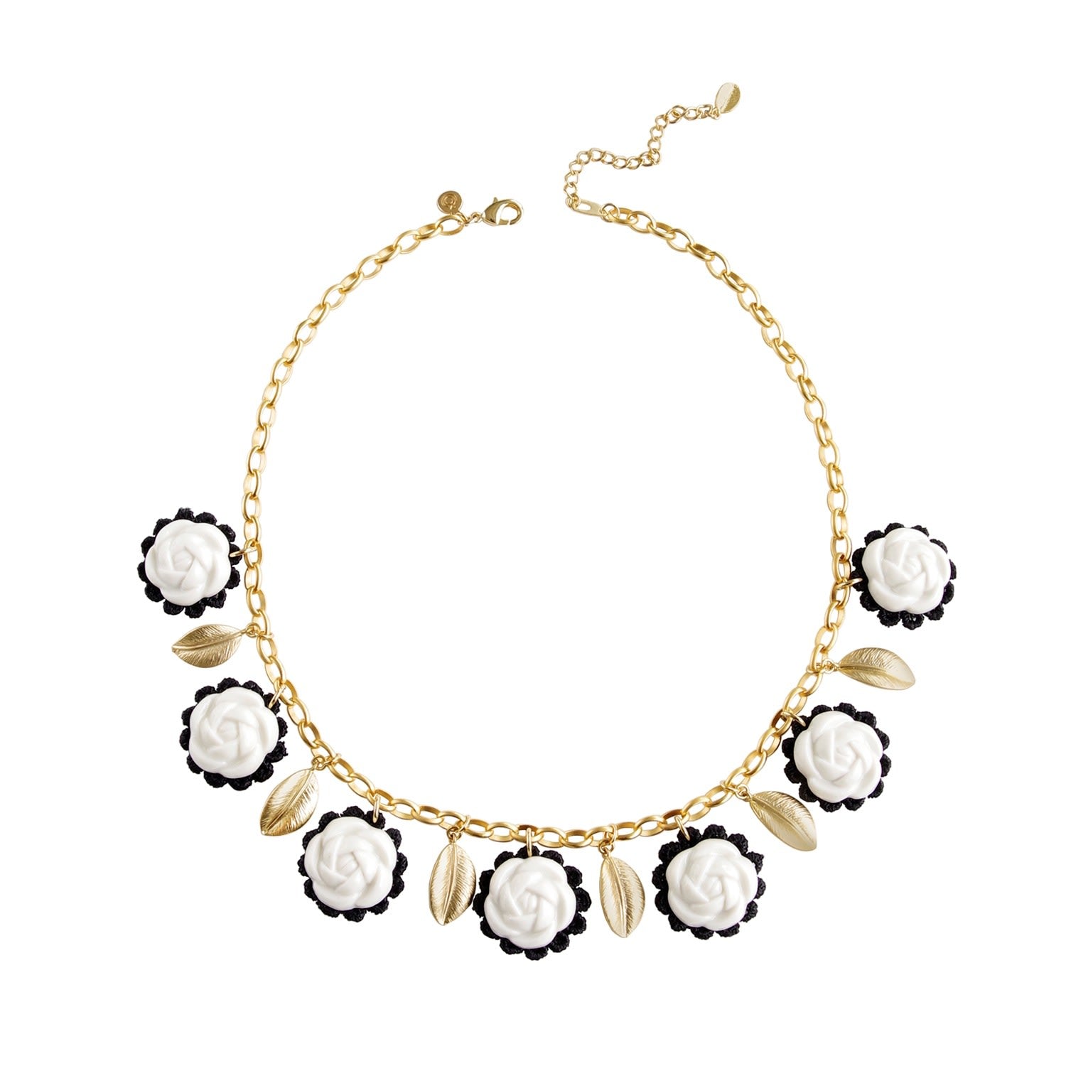 Porcelain Camellias & Golden Leaves Necklace