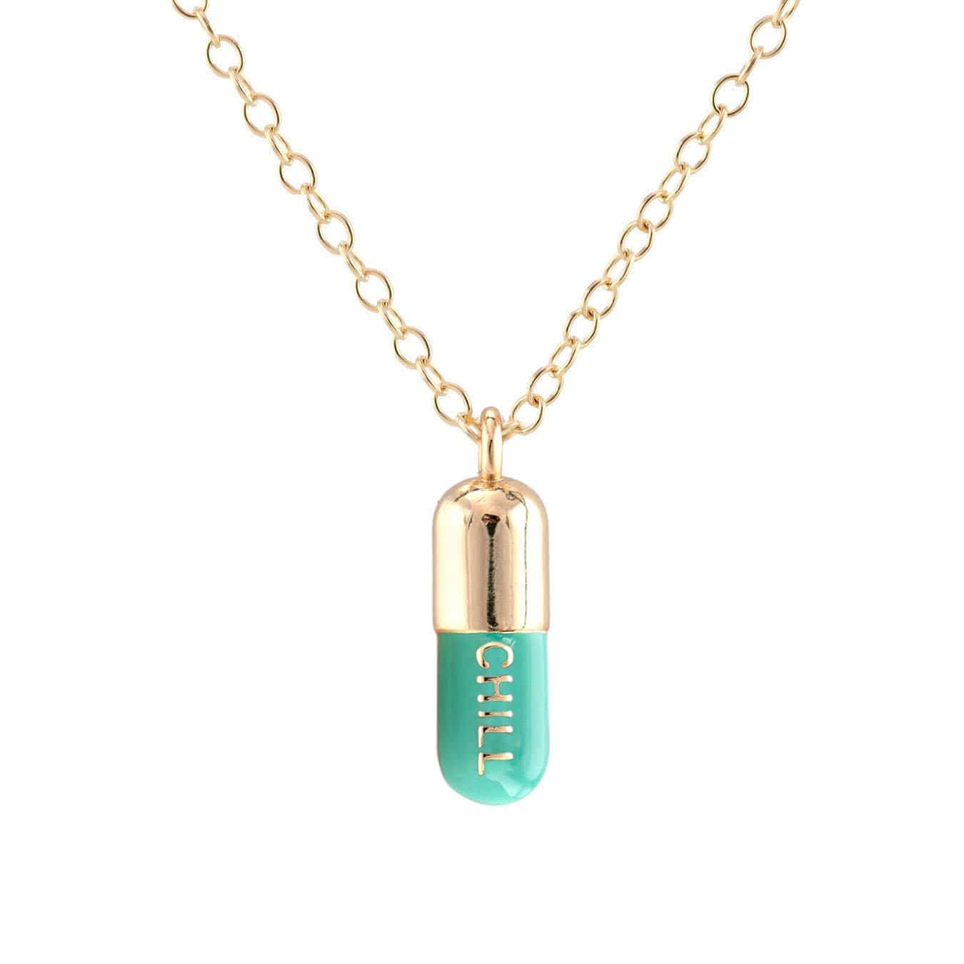 Chill Pill Enamel Necklace Gold Filled, Green Turquoise