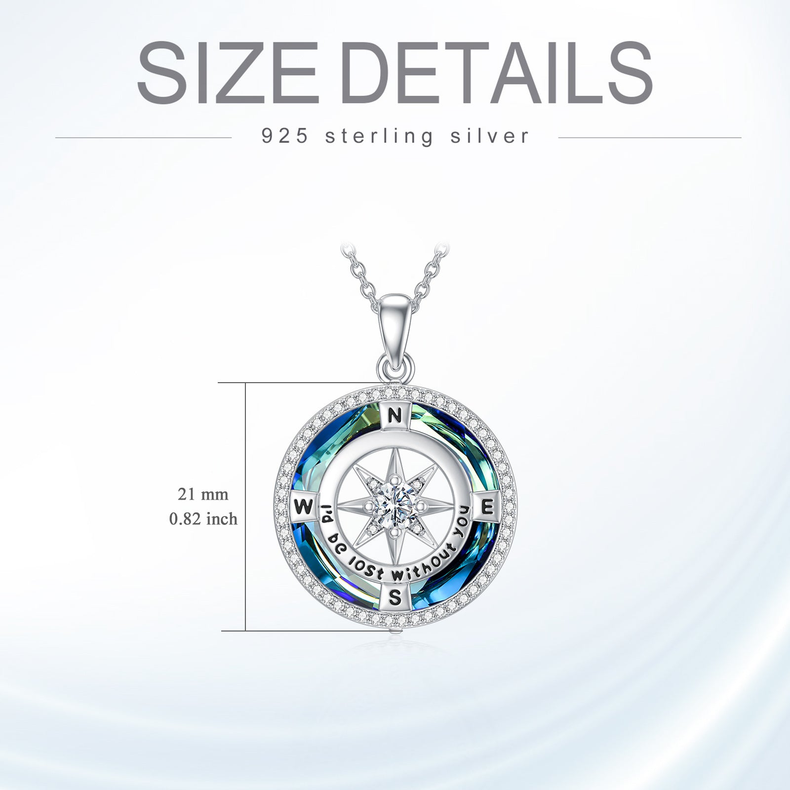 Sterling Silver Compass Crystal Pendant Necklace for Women Men