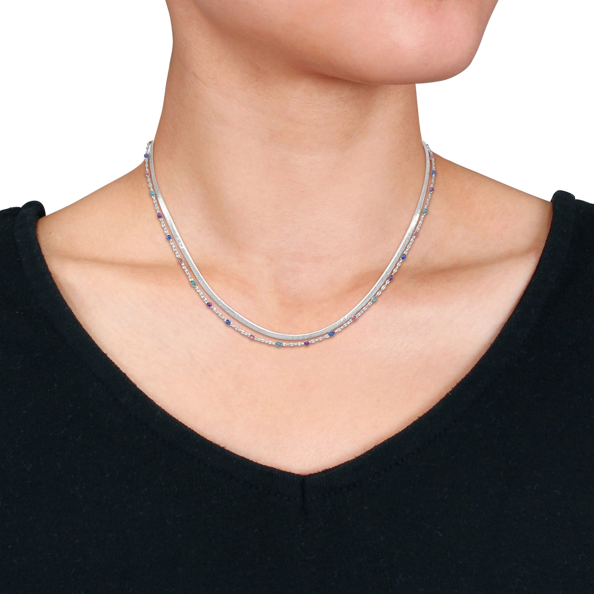Mimi & Max Multi-Color Bead Double Strand Herringbone Necklace in Sterling Silver - 15+2 in.