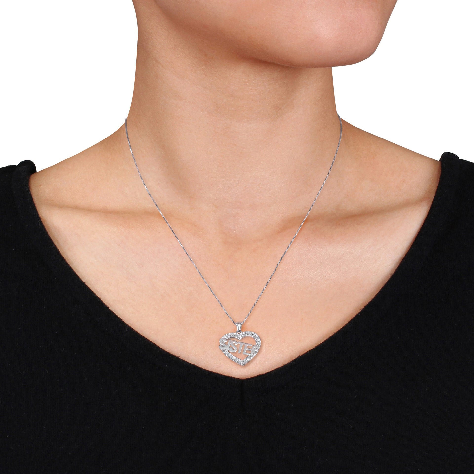 Diamond Heart 'Sister' Necklace in Sterling Silver