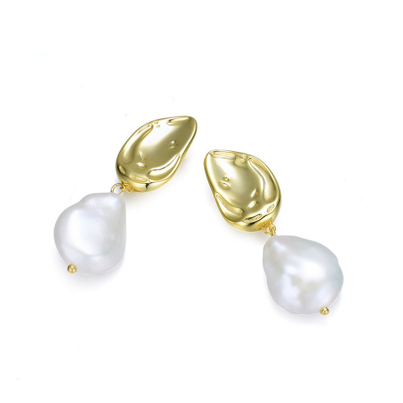 Sterling Silver Gold Plating Freshwater Pearl Dangling Earrings