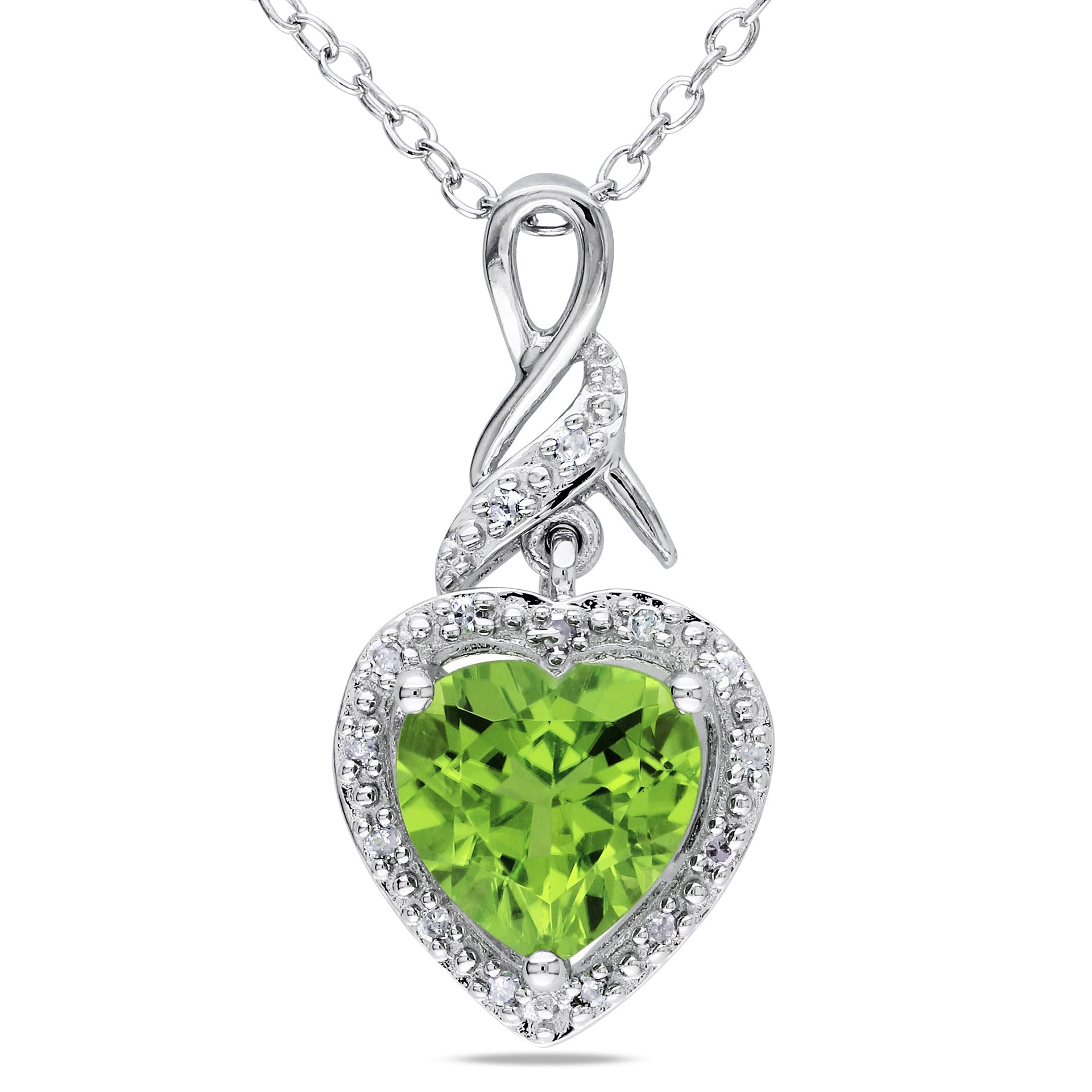Diamond and Peridot Heart Twist Necklace in Sterling Silver