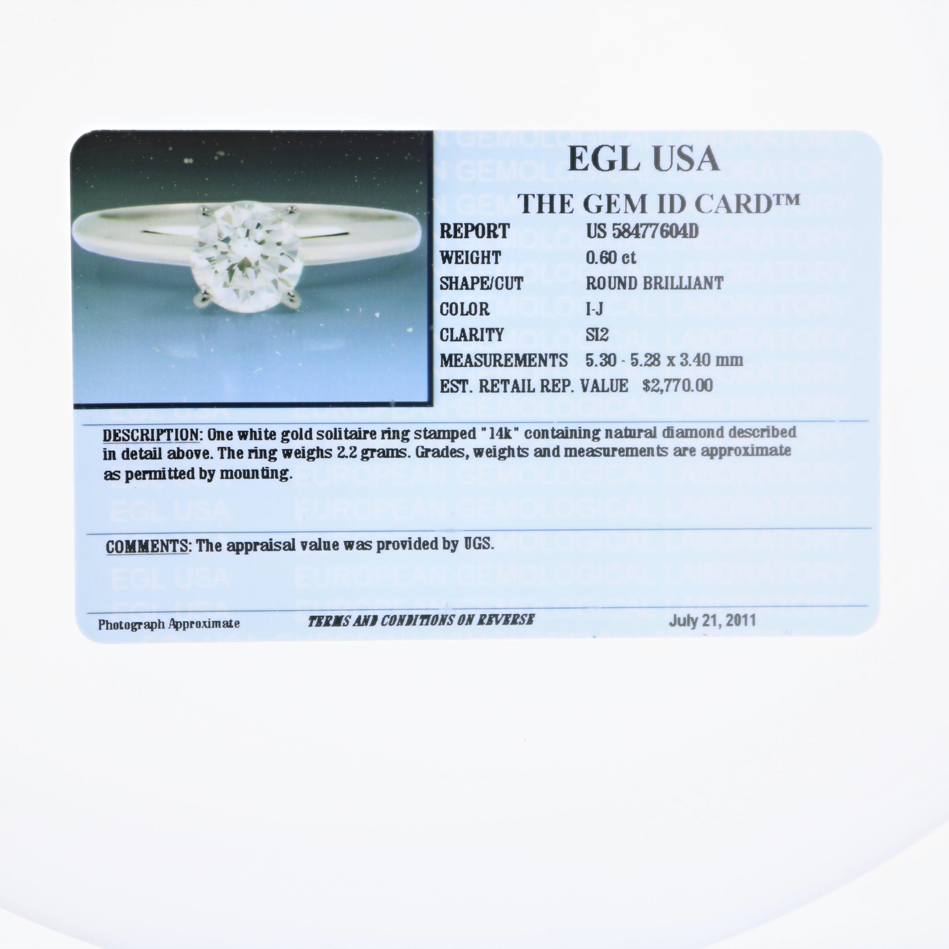 0.60 cttw SI2 Diamond Solitaire Engagement Ring 14K White Gold Round