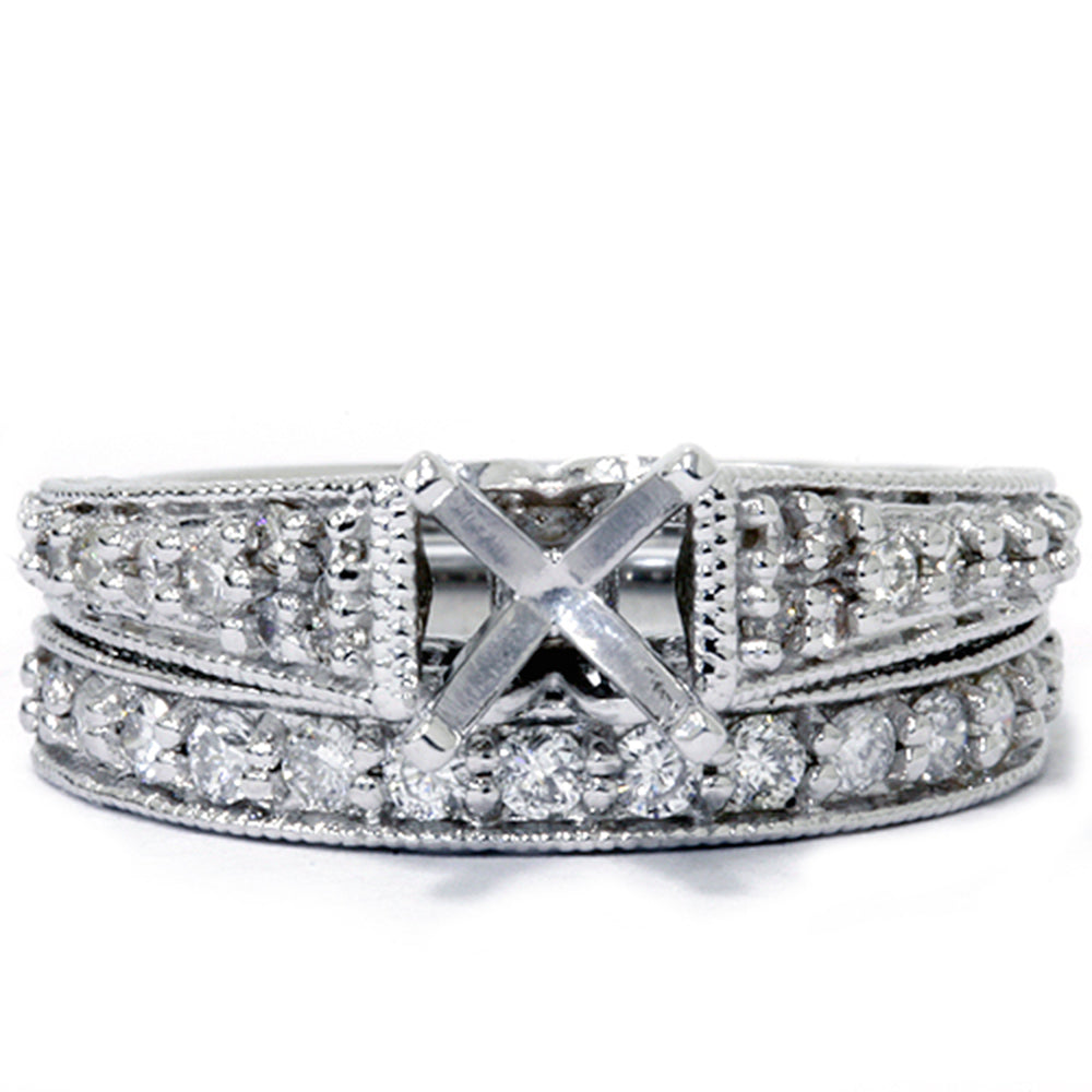 3/4ct Vintage Diamond Ring Heirloom Filigree Set 14K White Gold