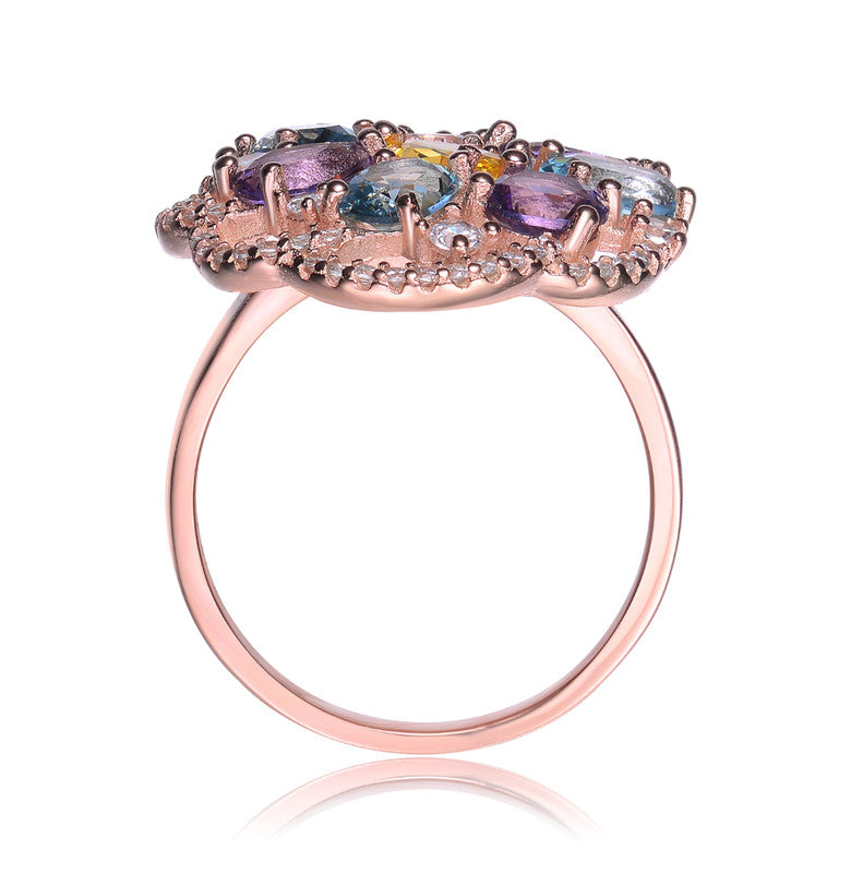 GENEVIVE Sterling Silver Rose Gold Plated Multi Colored Cubic Zirconia Cocktail Ring