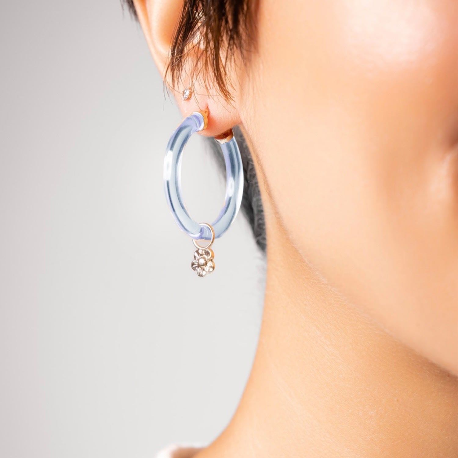 Flower Charm Hoop Earrings In Blue