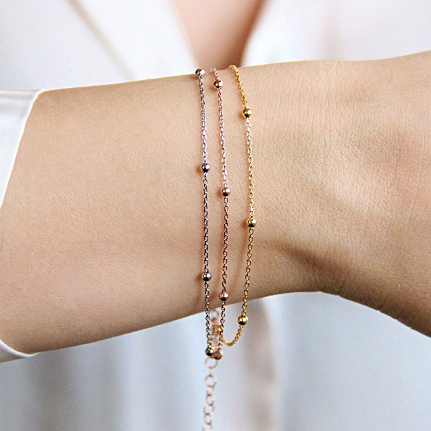 Bead Curb Chain Sterling Silver Adjustable Satellite Bracelet - Gold - Silver - Rose Gold