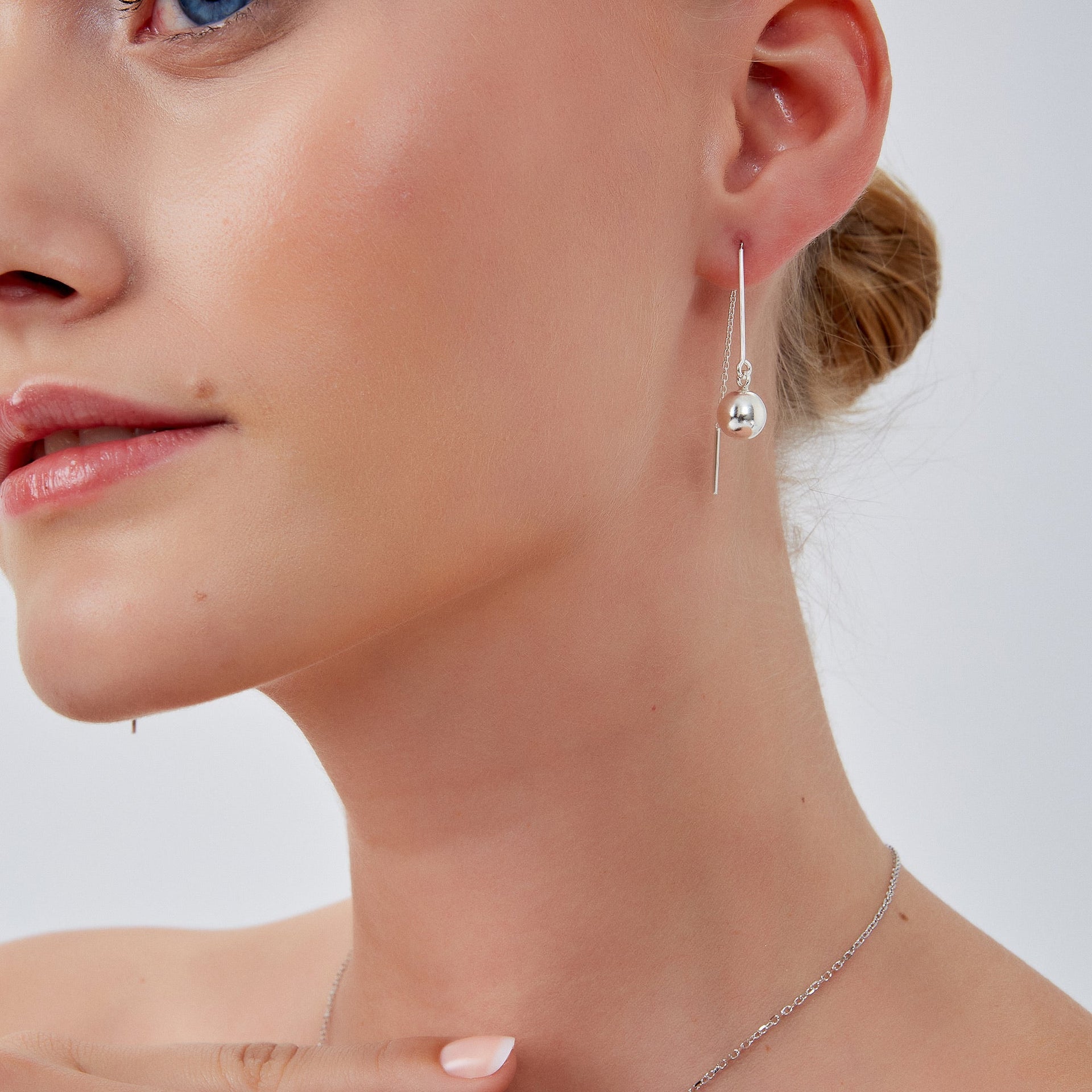 Bead Sphere Chained Drop Sterling Silver Earring