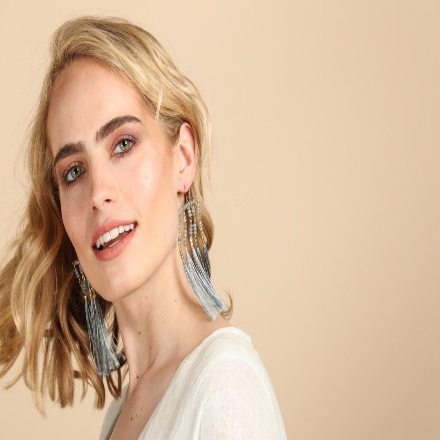 Beaded Fringe Tassel Blue Earrings