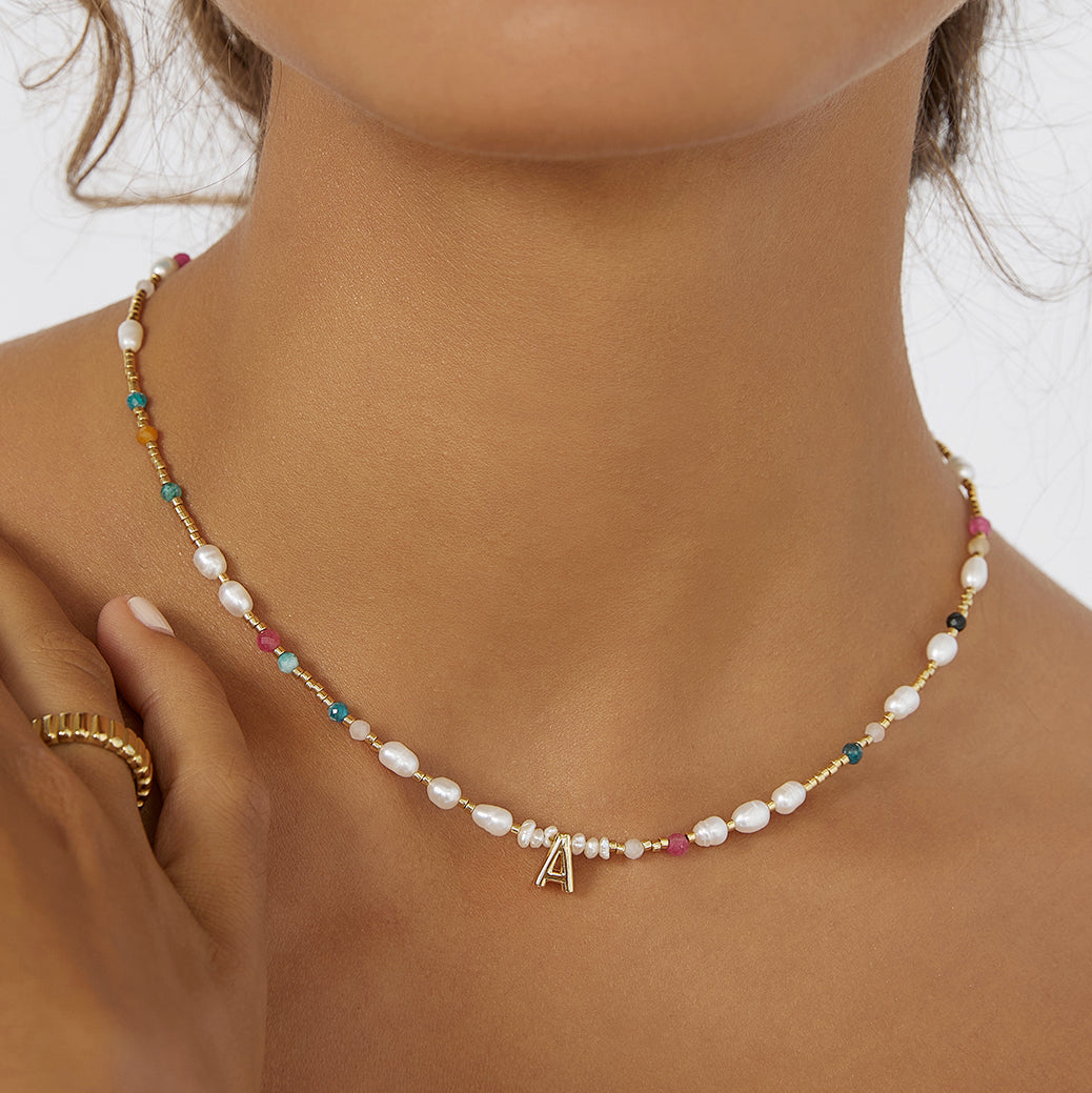Beaded Gemstone And Pearl Initial Necklace