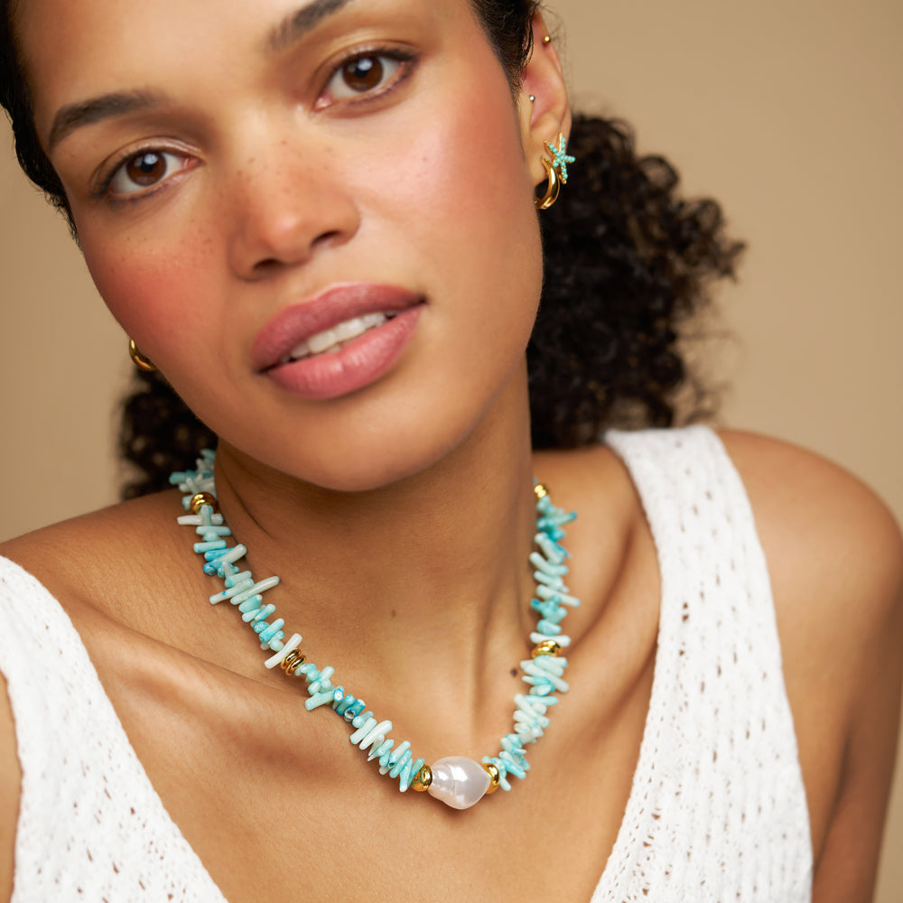 Statement Blue Coral Chip & Stationed Pearl Necklace