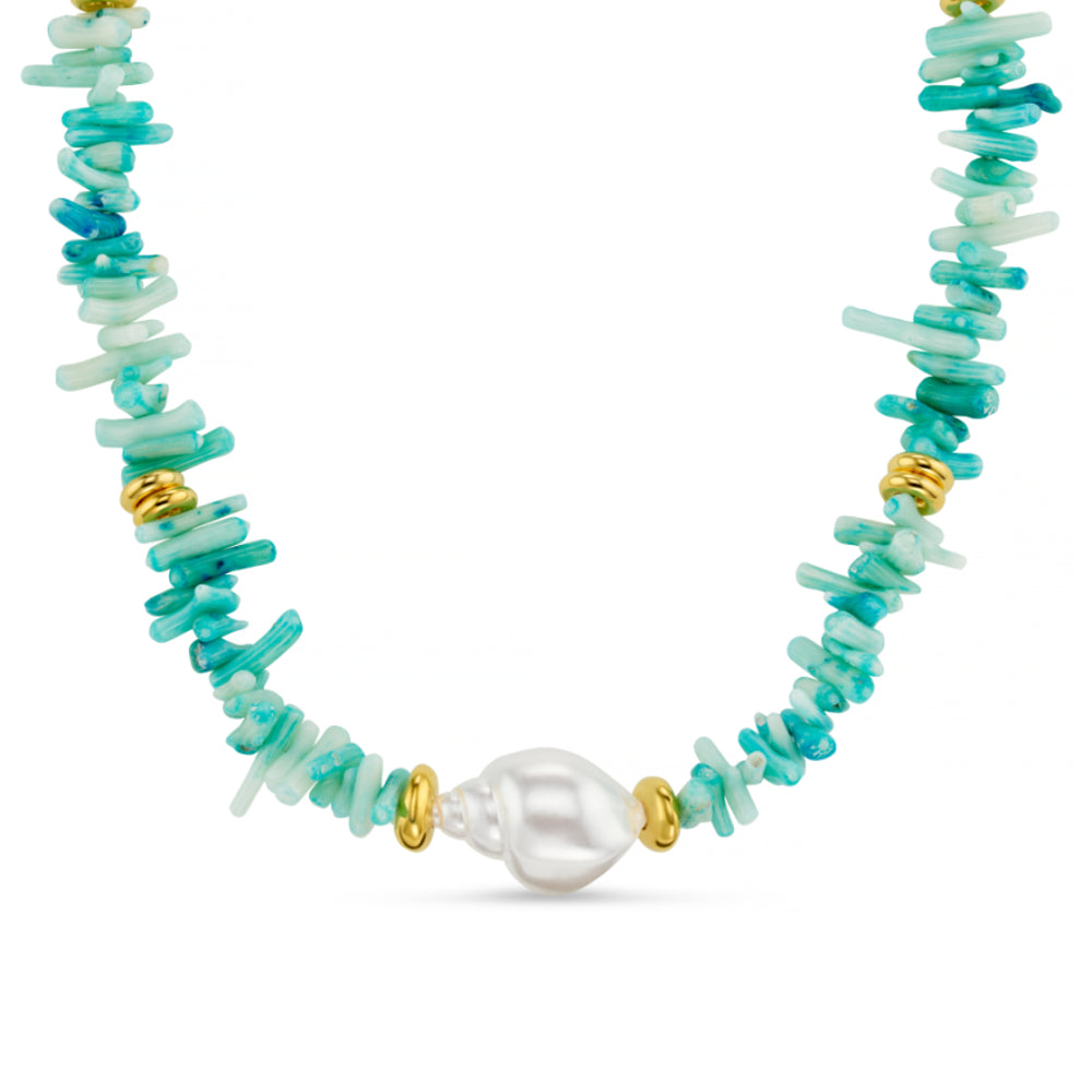 Statement Blue Coral Chip & Stationed Pearl Necklace